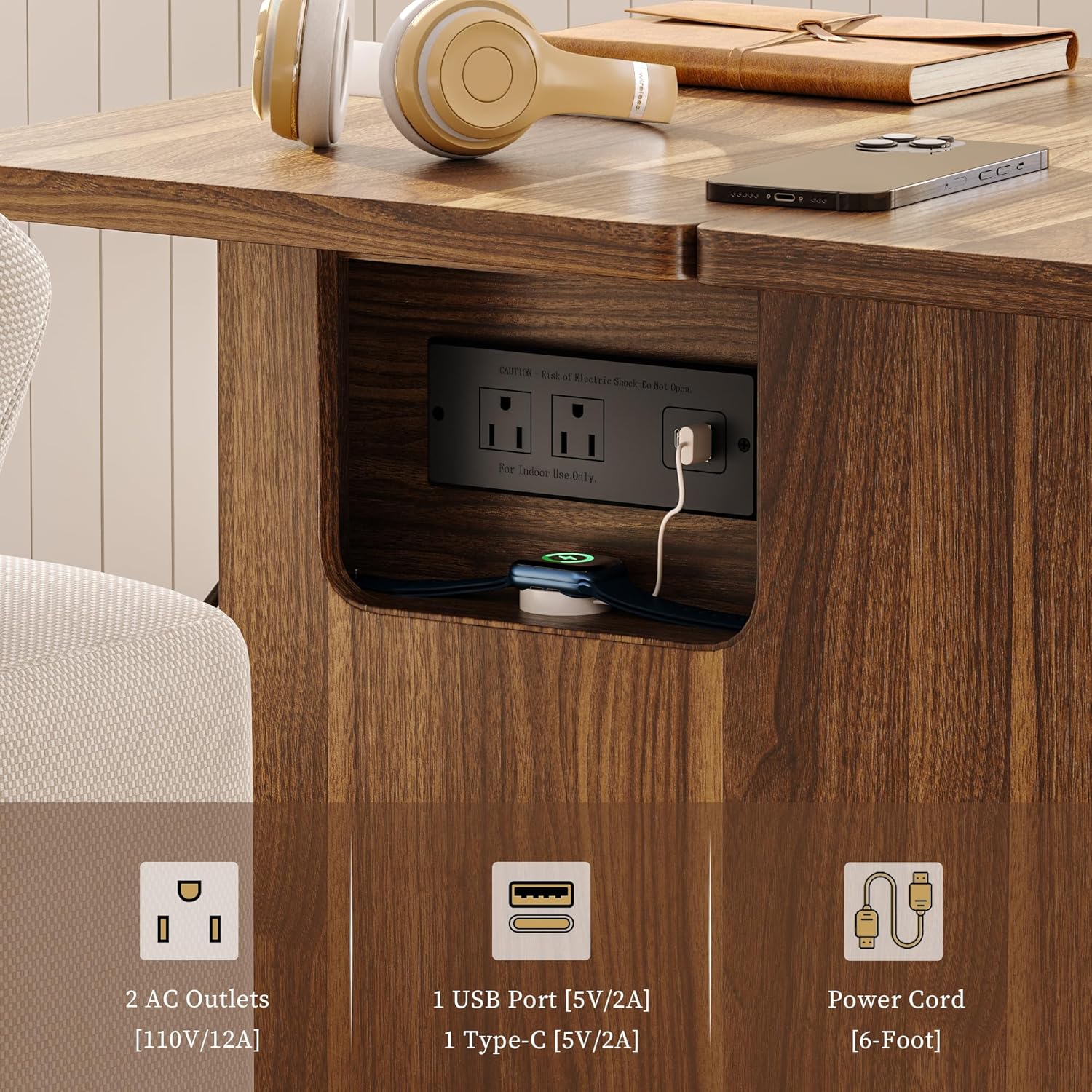 iPormis End Table Set of 2 with Charging Station, 15.7''-31.5'' Narrow Folding Side Table with Flip Top & Drawer, Wooden Sofa Table with Storage Cabinet & Wheels, for Small Spaces Living Room, Walnut