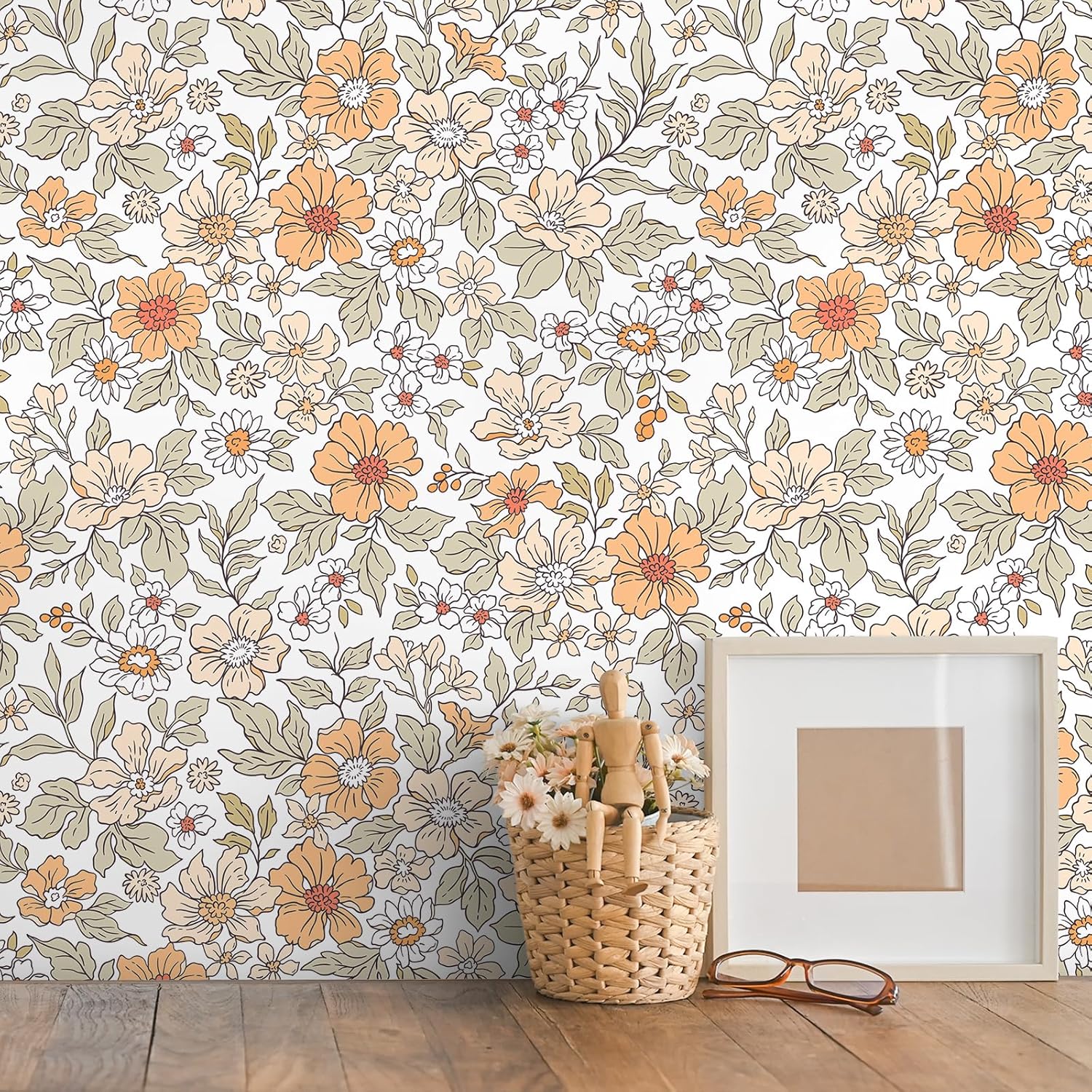 VEELIKE Peach Ditsy Daisy Floral Wallpaper Vintage Floral Peel and Stick Wallpaper for Girls Room Nursery 17.7''x354'' Removable Waterproof Floral Contact Paper for Cabinets Prepasted Flower Wallpaper