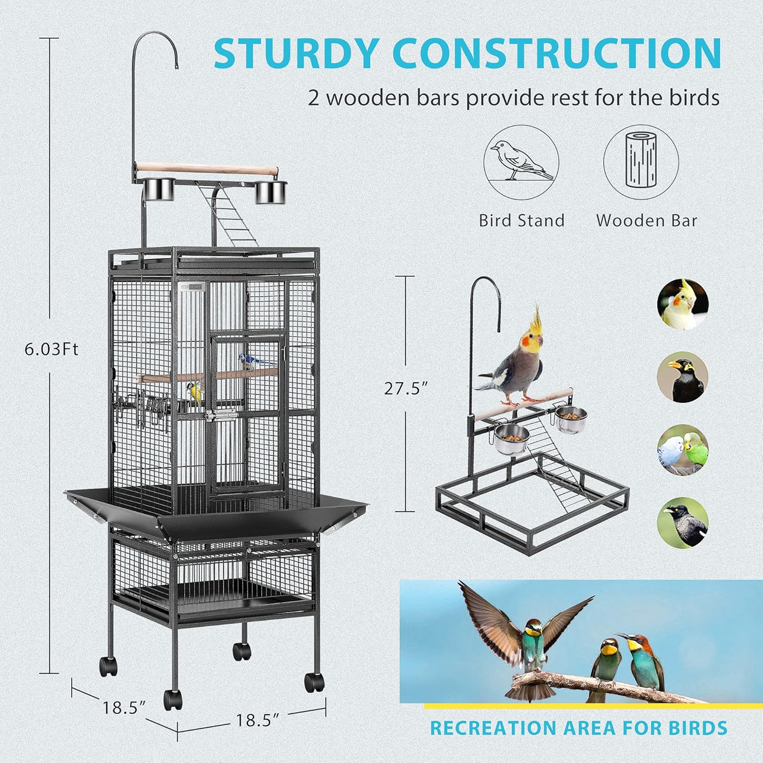 VIVOHOME 72 Inch Wrought Iron Large Bird Cage with Play Top and Rolling Stand for Parrots Conures Lovebird Cockatiel Parakeets : Pet Supplies