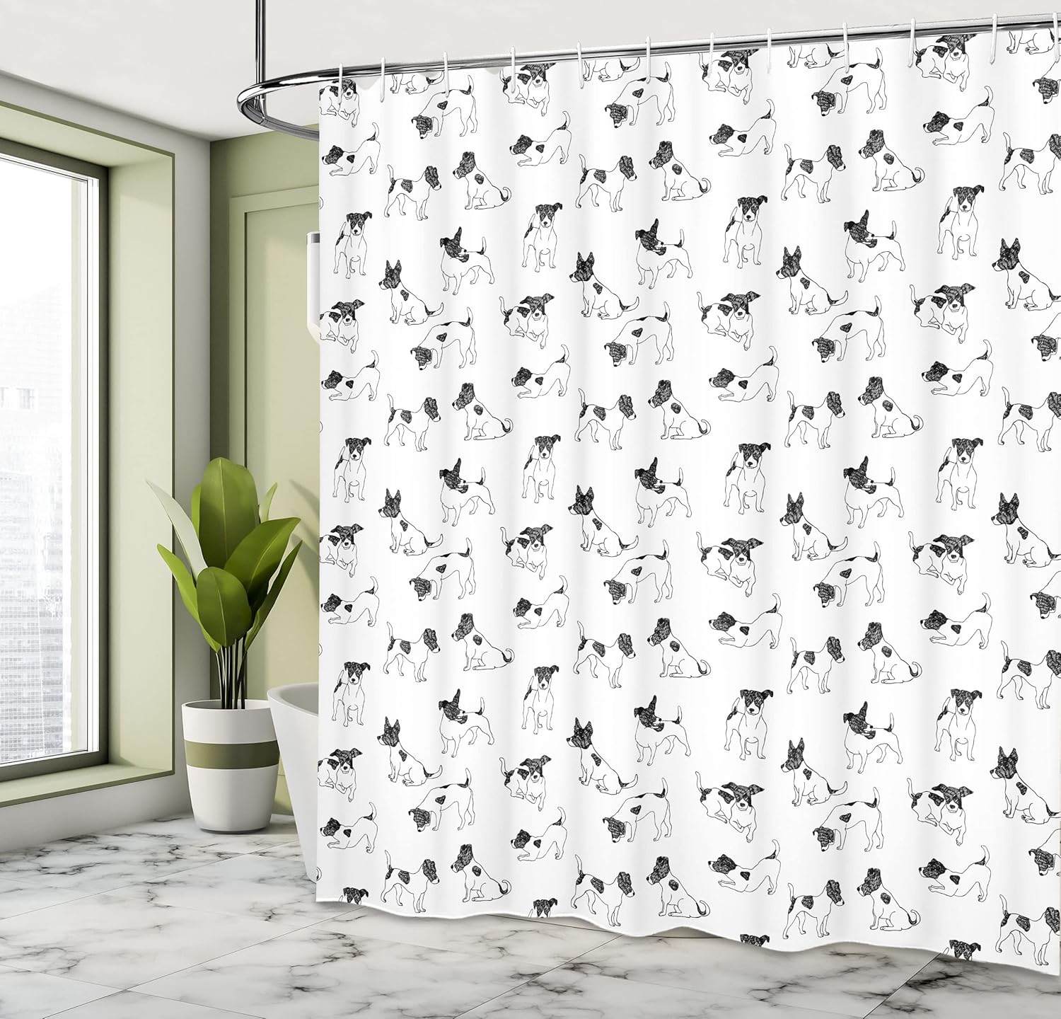 Ambesonne Dog Lover Shower Curtain, Sketch Style Hand Drawn Jack Russell Terrier Doodles in Various Stances Purebred, Cloth Fabric Bathroom Decor Set with Hooks, 69" W x 75" L, Charcoal White
