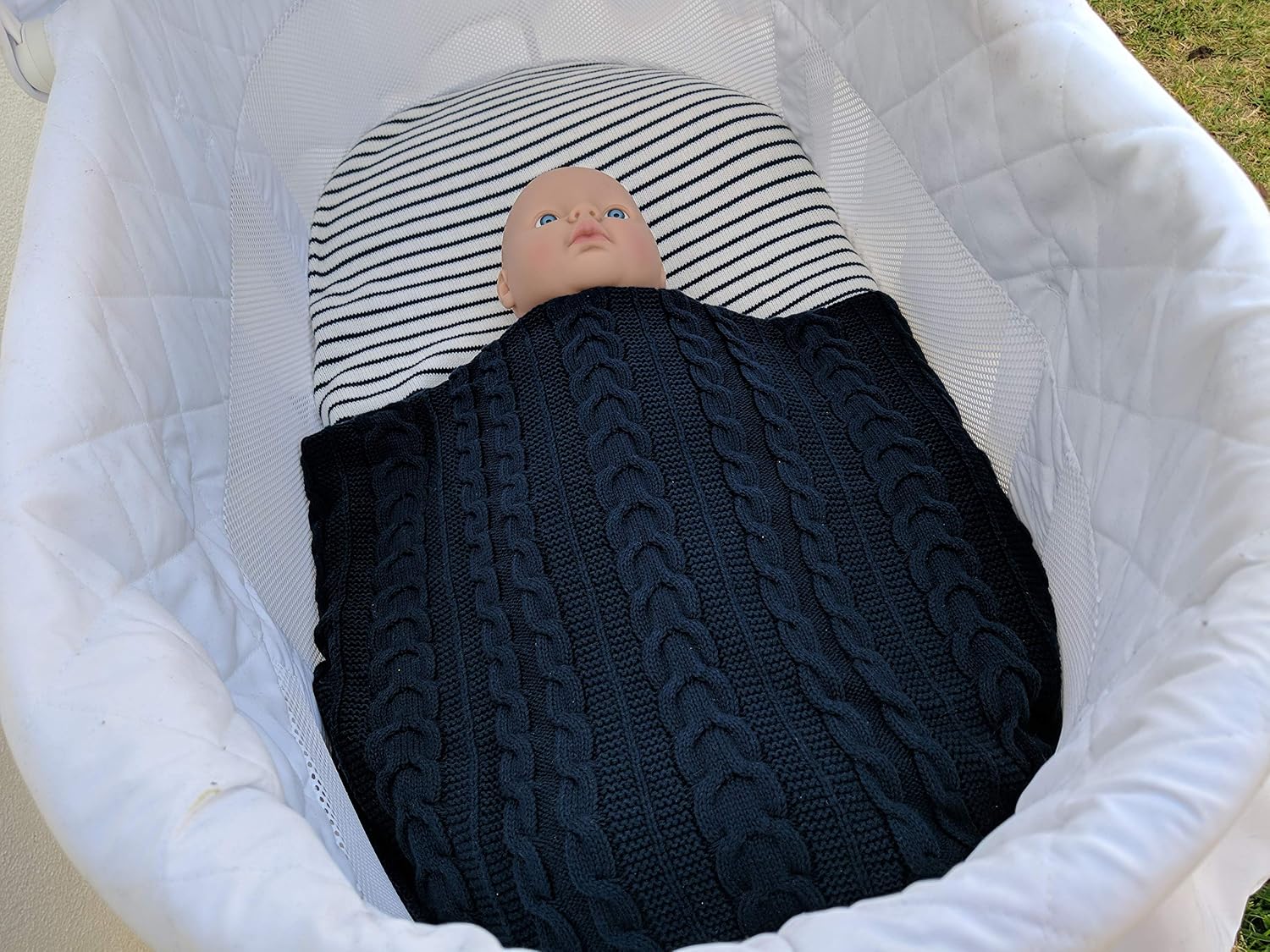 Baby Organic Cotton Striped Swaddling Blanket with Pointelle, Scalloped Border (Navy Blue and Off White Stripe)