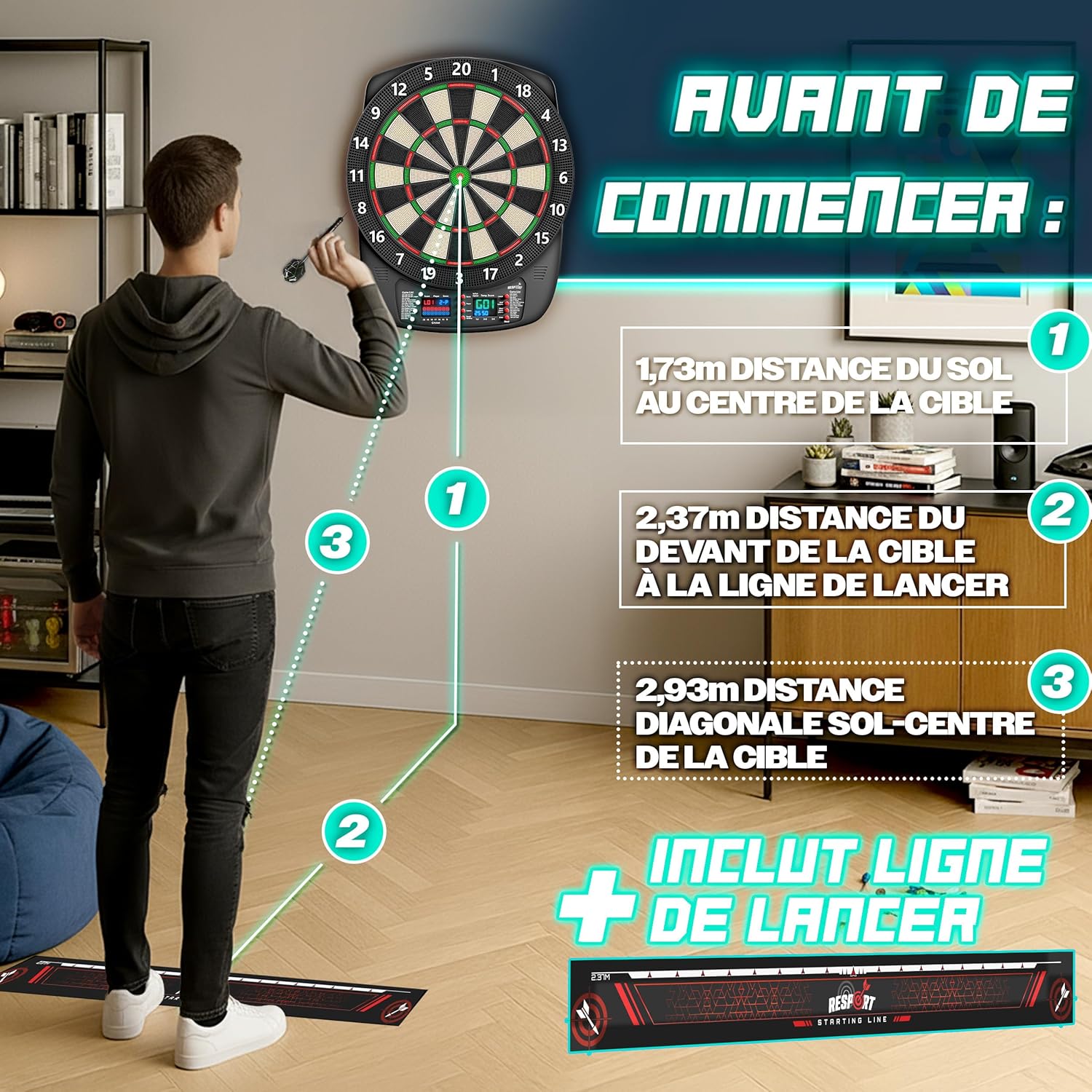 RE:SPORT® Cible de fléchettes électronique professionnelle avec 12 flèches + 24 ailettes Pro + 100 pointes de fléchettes et accessoires | Machine à fléchettes E pour 1 à 8 joueurs avec 427 variantes | — vue 6