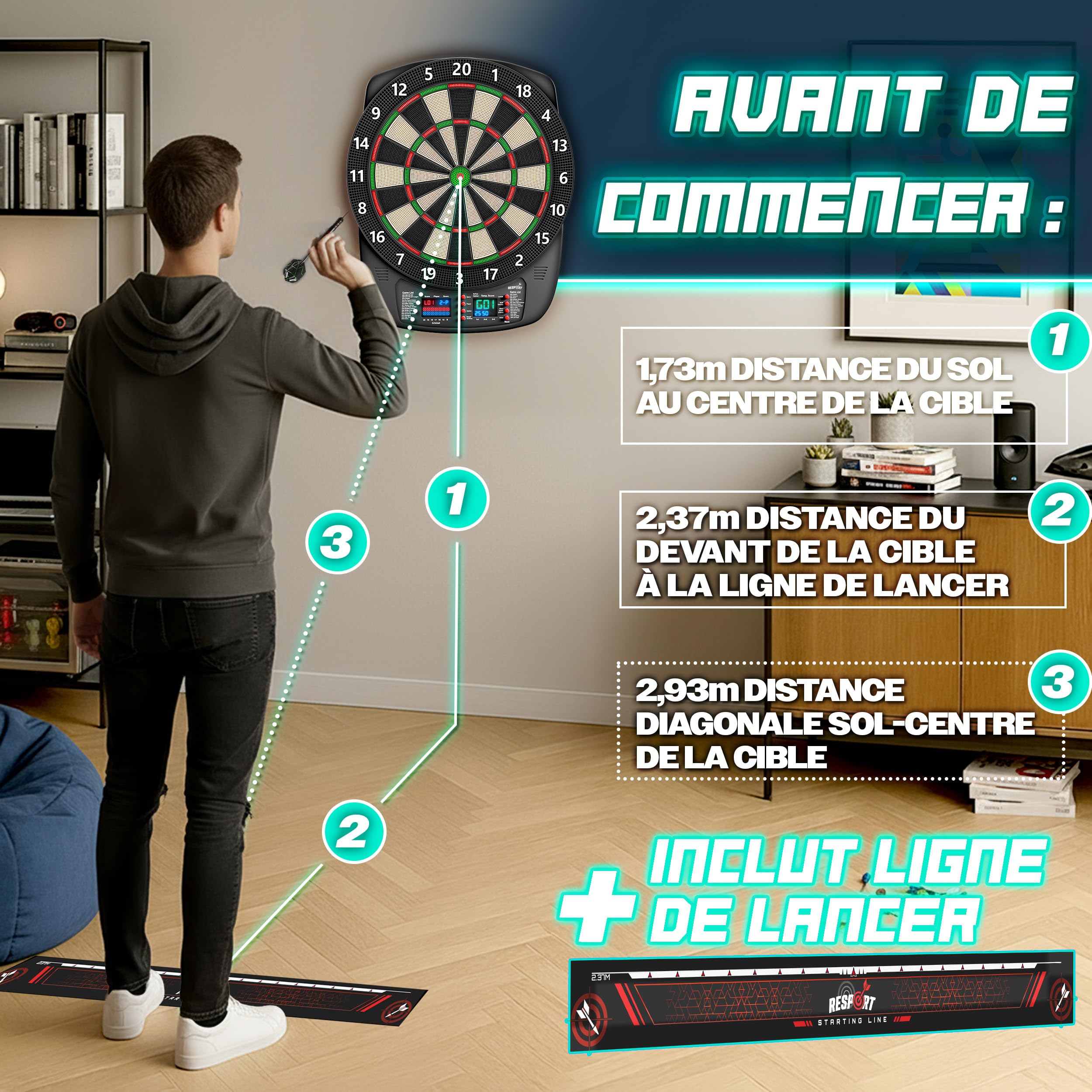 RE:SPORT® Cible de fléchettes électronique professionnelle avec 12 flèches + 24 ailettes Pro + 100 pointes de fléchettes et accessoires | Machine à fléchettes E pour 1 à 8 joueurs avec 427 variantes |
