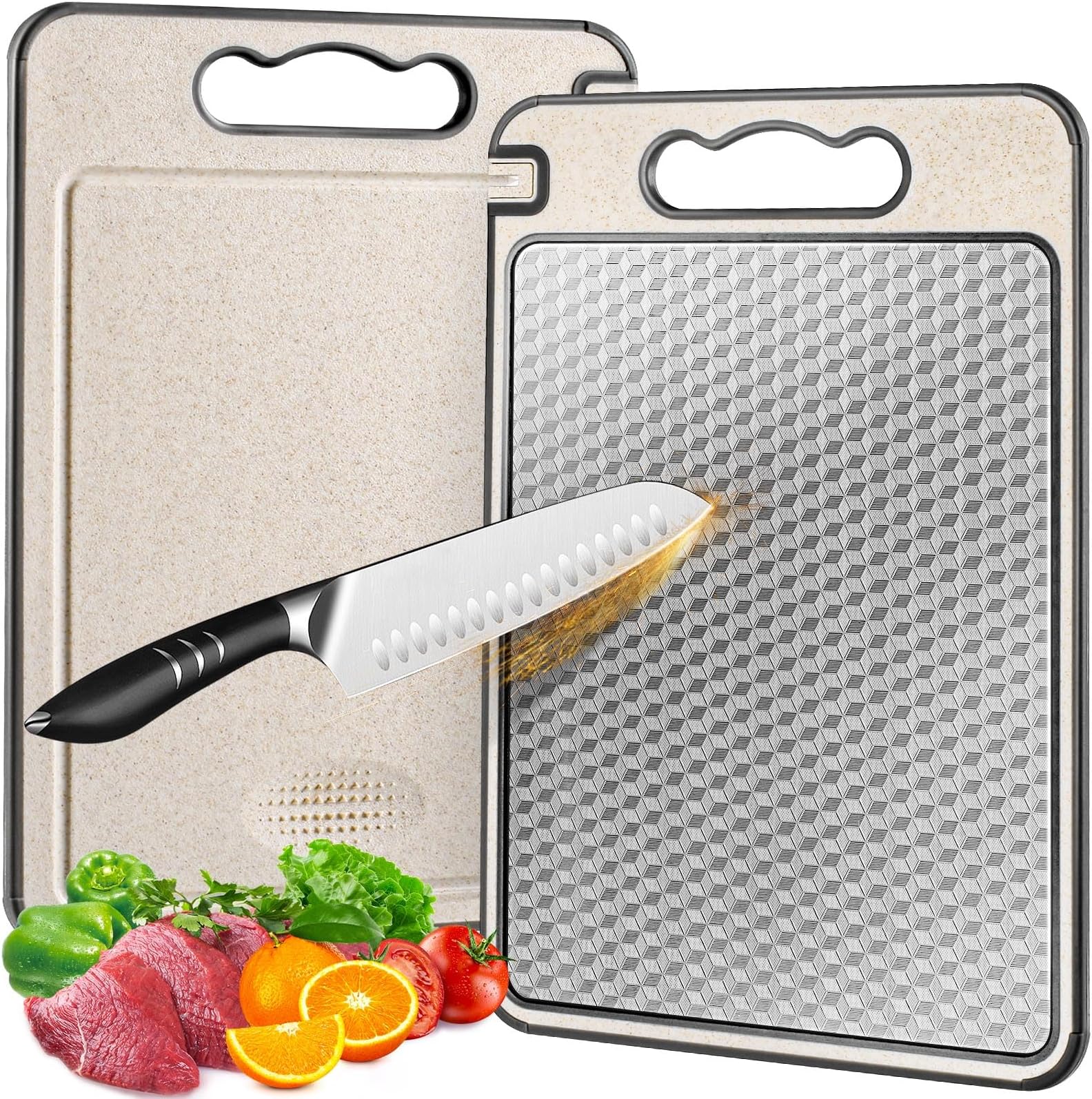 Stainless Steel Cutting Board for Kitchen, Non Toxic Large Chopping Board Double Sided Non-slip Scratch-resistant Mesh Design with Juice Groove Food-Grade Wheat Straw PP 15×10 In Easy to Clean