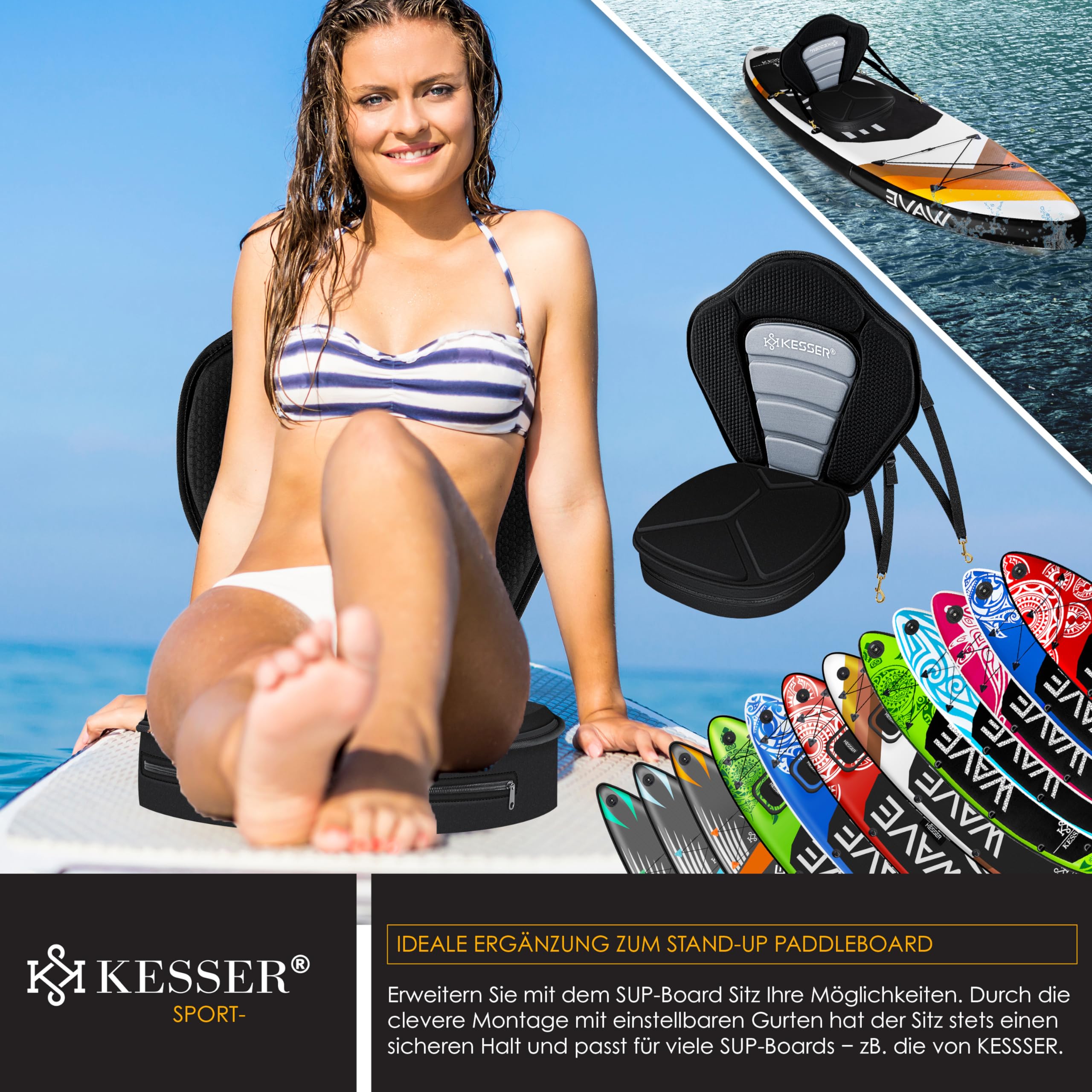 KESSER® SUP Sitz für Stand Up Paddling Board Paddle Surfboard | Sit on Top Kajaks Fischerboote SUP Paddelboards Gepolsterte Sitz 32x38cm, Rückenlehne 51x45cm | Einfache Installation