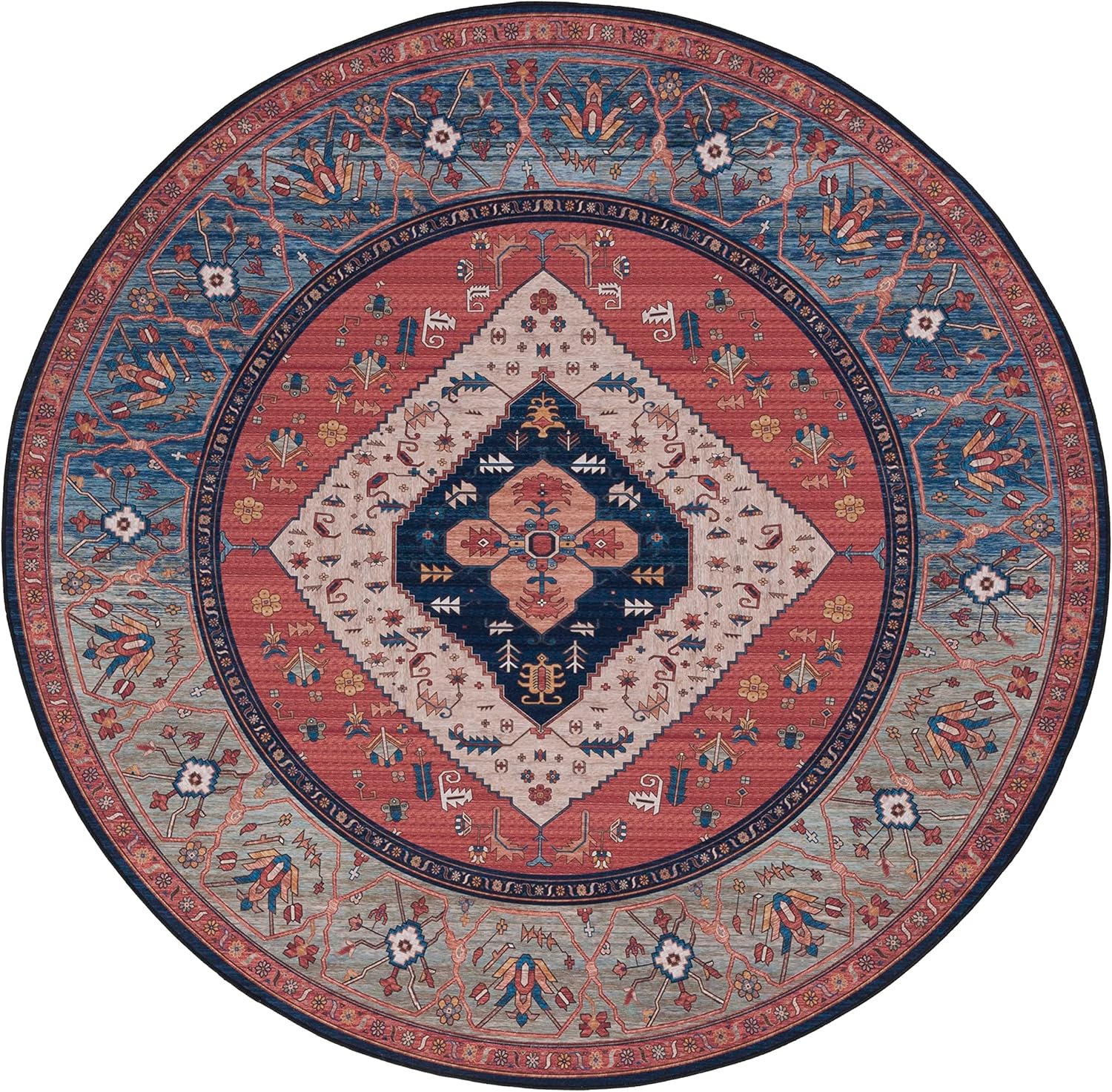 SAFAVIEH Washable Rug Tucson Collection - 5' x 8' Oval, Rust & Blue, Slip Resistant & Easy to Clean, Ideal for Living Room, Bedroom, Dining Space (TSN153P)