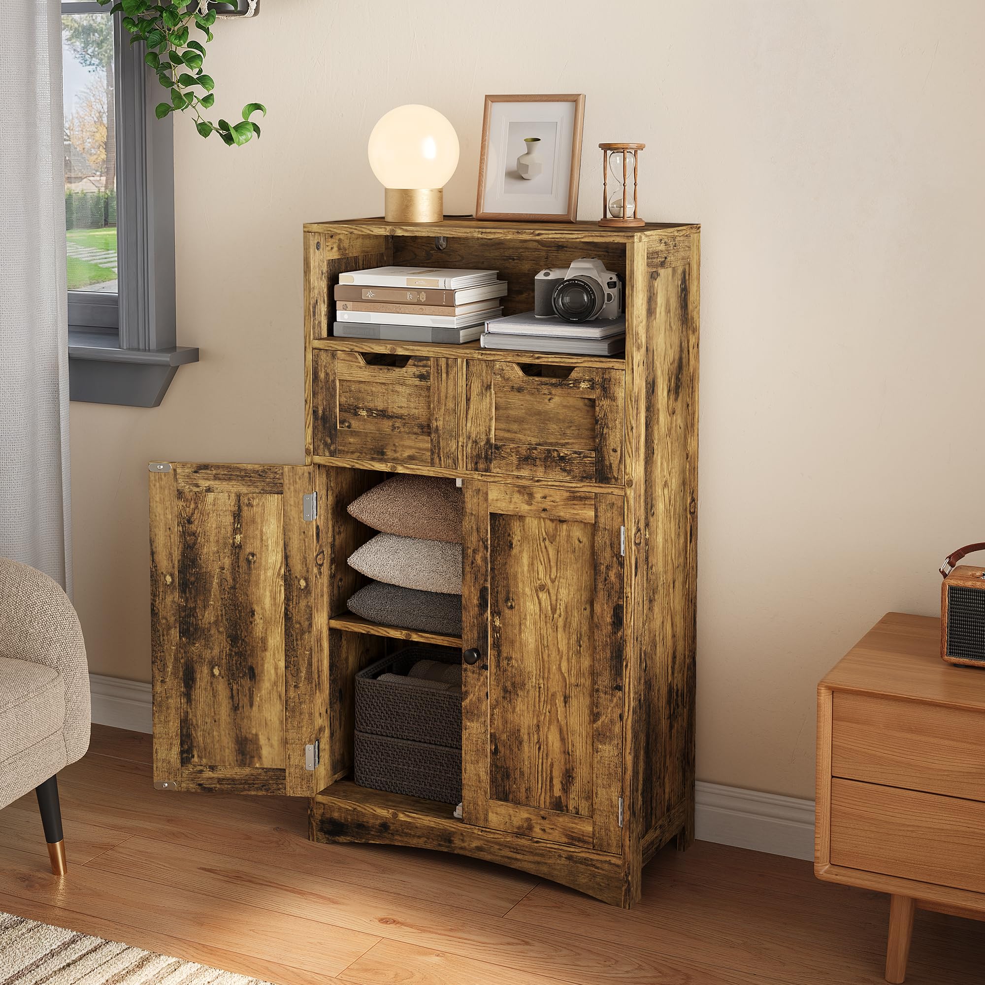 Bealife Armoire Salle de Bain, Armoire de Rangement avec 2 Tiroirs, Étagère Réglable et 2 Portes, Meuble Rangement pour Salon, Chambre, 60x30x108 cm, Rétro