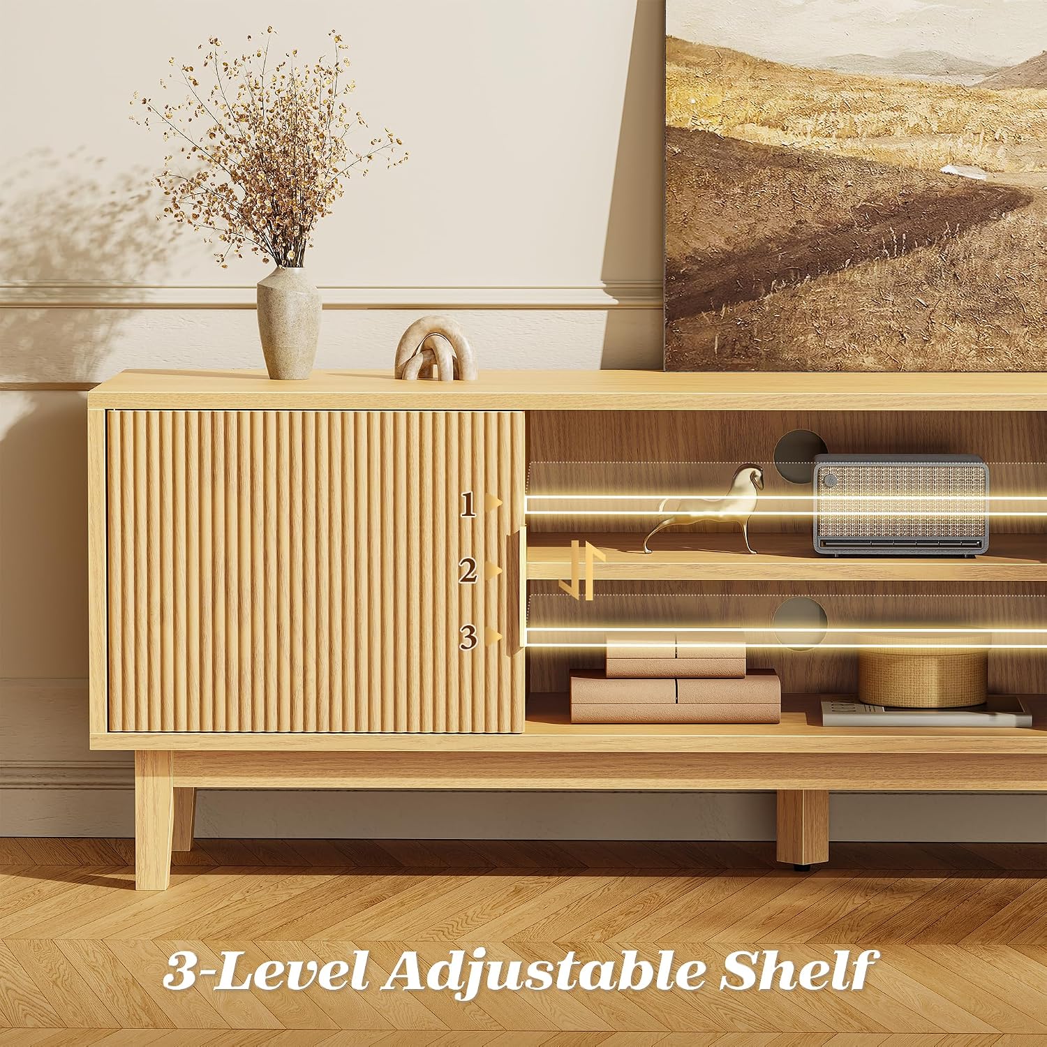 Close-up of the adjustable shelf mechanism with three height options
