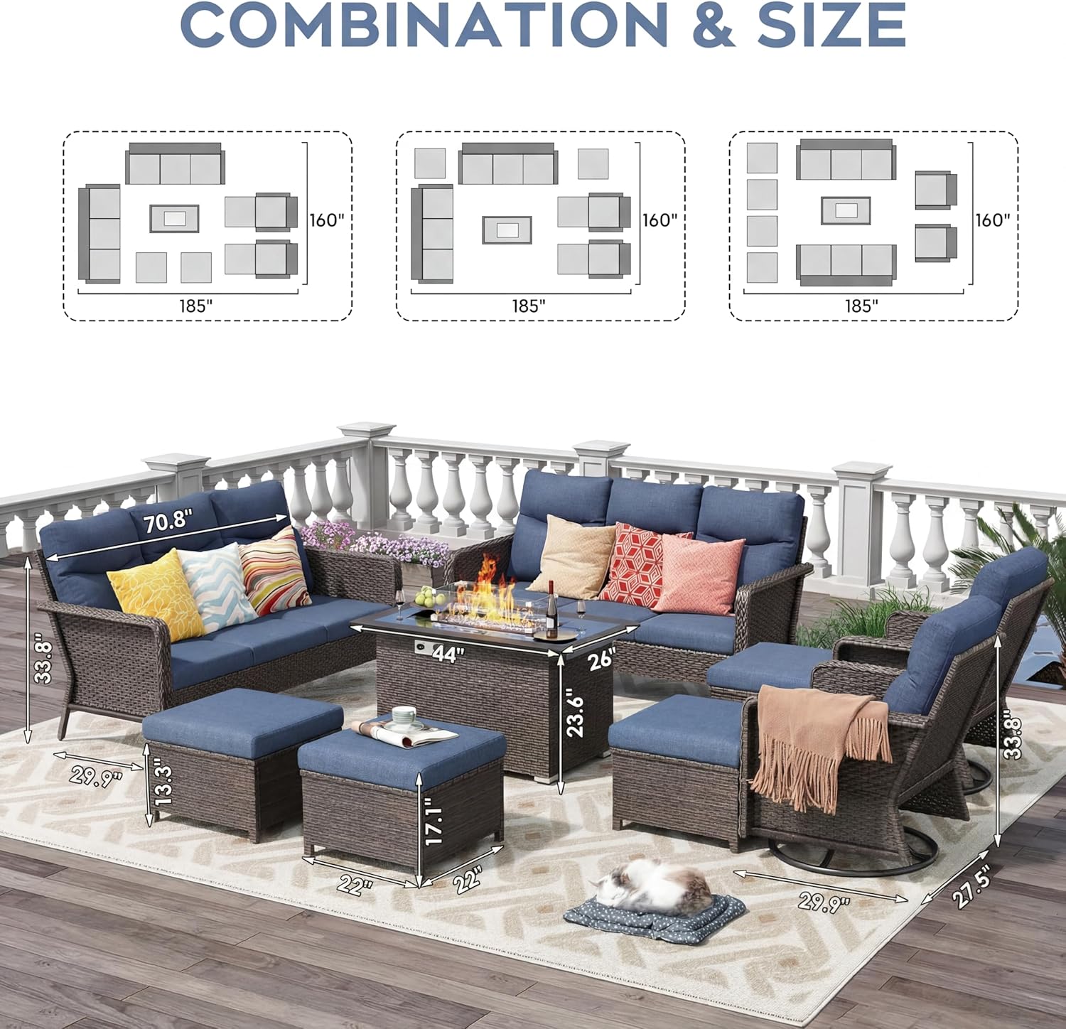 XIAO WEI 9-Piece Outdoor Furniture Set with Fire Pit Table, Wicker Patio Conversation Set with Cushions & Swivel Glide Chairs, All-Weather Patio Furniture Set for Backyard, Garden, Deck (Blue)