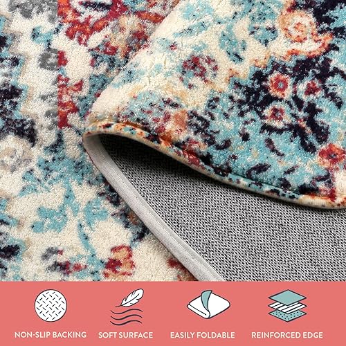 Miniatura 7 de Lahome - Tapete de área medallón floral bohemio 2x3 pies, de baño pequeña oriental con diseño envejecido, felpudo retro de lana sintética lavable y