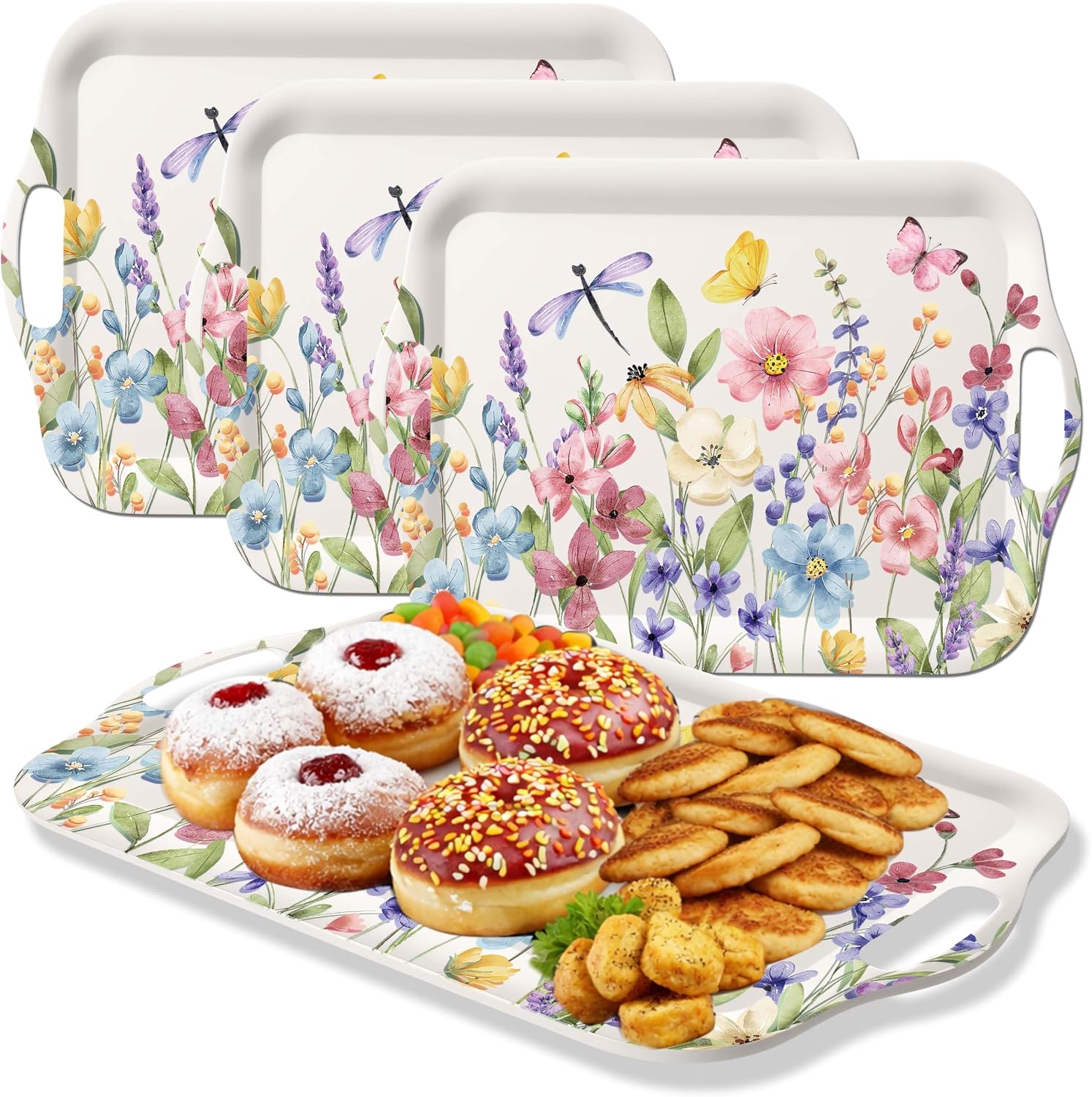 Rtteri 4 Pcs Spring Wild Flower Serving Trays 14 x 10 Inch Large Bamboo Fiber Spring Wild Flower Food Tray Platters Reusable Butterfly Dessert Dishes for Wildflower Party Serving Food