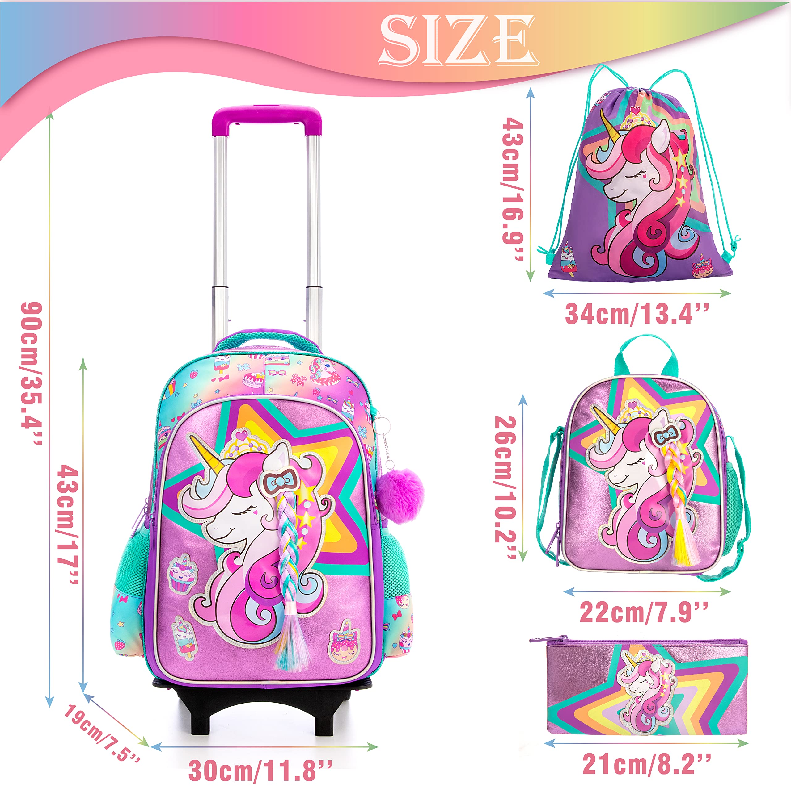 HTgroce Zaino Scuola Elementare Bambina Trolley 16 inch Zaino Trolley con Astuccio e Pranzo al Sacco, Zaino con Ruote Scuola Elementare Bambini Buono per la Scuola e i Viaggi