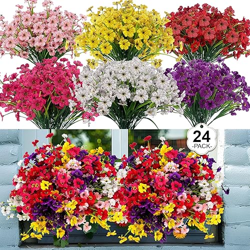 24 Pcs (6 Color) UV Resistant Outdoor Artificial Faux Flowers