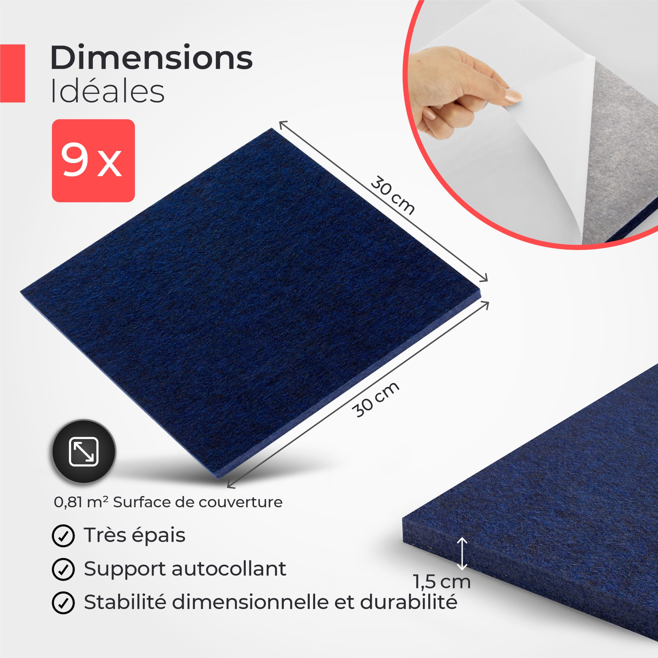 Panneaux Acoustiques en Feutre | 9 pièces de 30x30cm | auto-adhésifs | feutre acoustique extra épais de 1,5cm | isolation phonique, réduction de bruit (Bleu foncé)