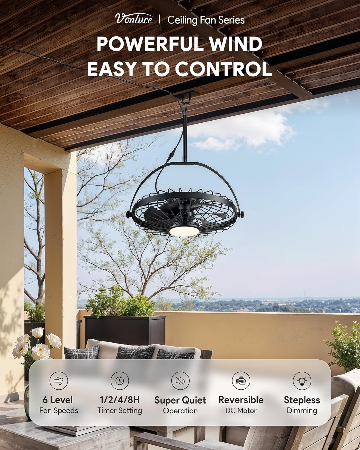 VONLUCE Outdoor Ceiling Fans with Lights, 20'' Plug in Ceiling Fan with Remote, IP65 Waterproof Hanging Fan, 6-Speeds Noiseless Reversible DC Motor, for Patios Porch Gazebo, Black