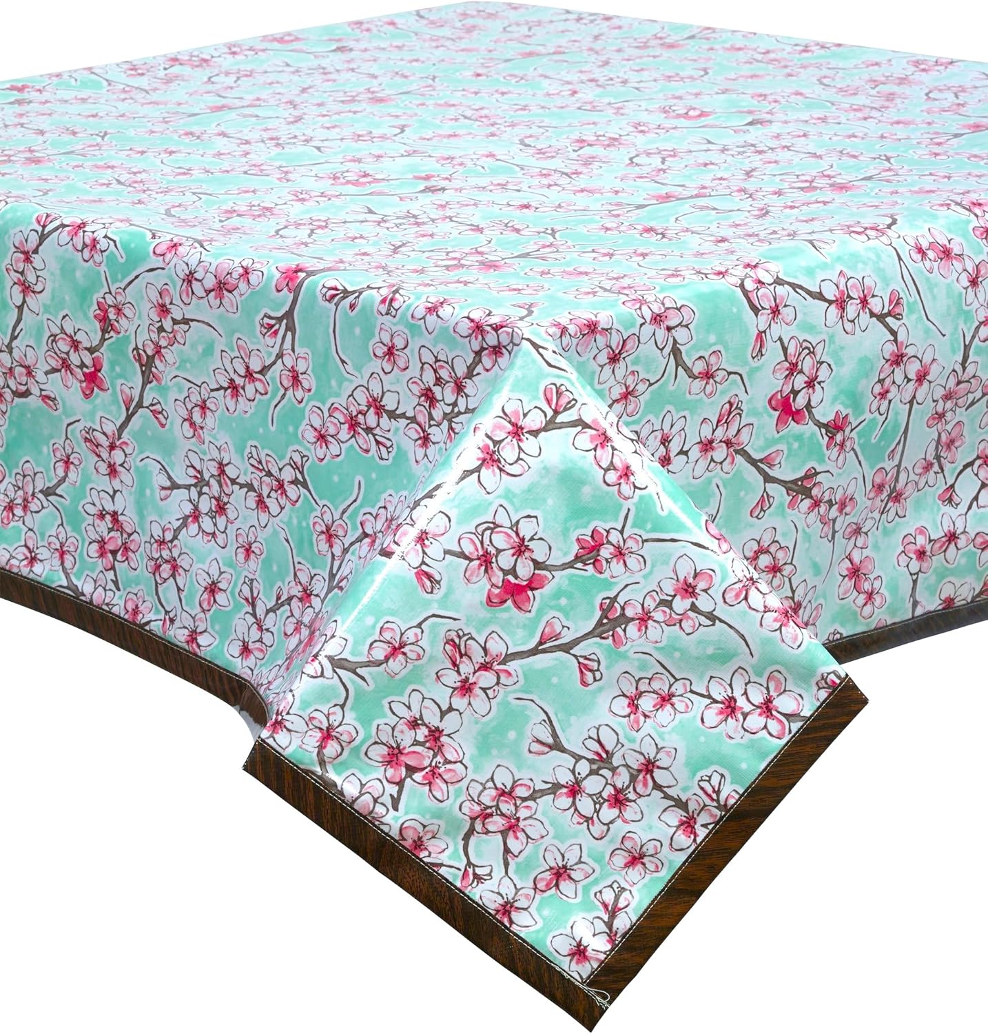Cherry Blossom Aqua Oilcloth Tablecloth with Faux Bois Trim You Pick The Size