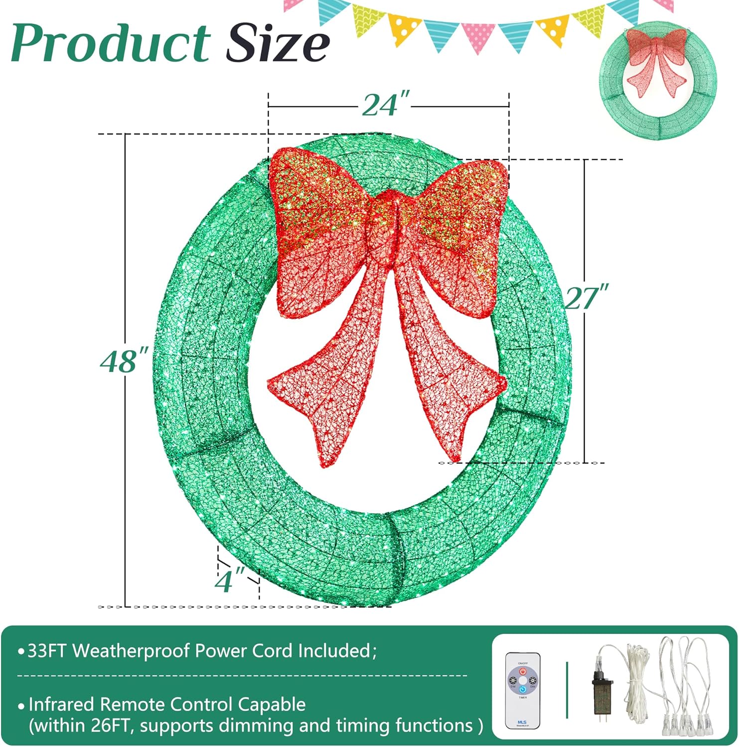 sweetcrispy 48in pre-lit christmas wreath, led lighted holiday outdoor decoration with bow for door, mantel, wall, windows, front door decor, green wreath - red bow green wreath - red bow 48in