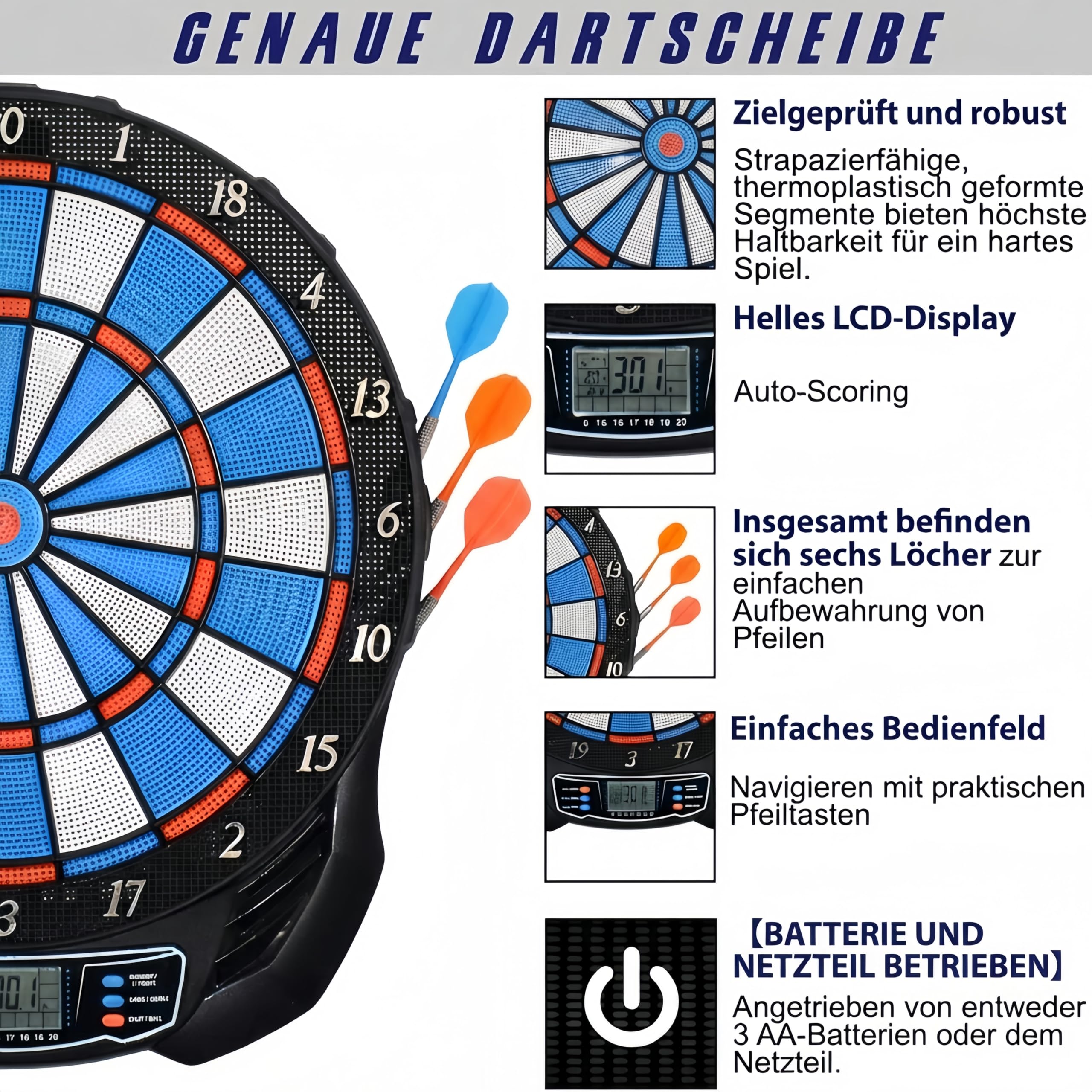 Elektronische Dartscheibe mit 2 Stromversorgungsmodi Dartboard mit 12 Darts,24 Ersatzspitze Dartscheibe Elektronisch mit 25 Spiele LED-Anzeigen,157 Variationen für 8 Spieler