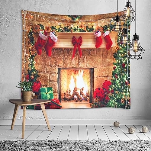 Miniatura 2 de Sevendec Tapiz de Navidad para colgar en la pared, tapiz de pared con adoquines de Navidad, chimenea, tapiz de pared para fiesta, sala de estar,