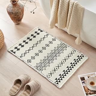 Douceur Black White Boho Tassel Tribal Bath Mat 32"x20" Non Slip Washable