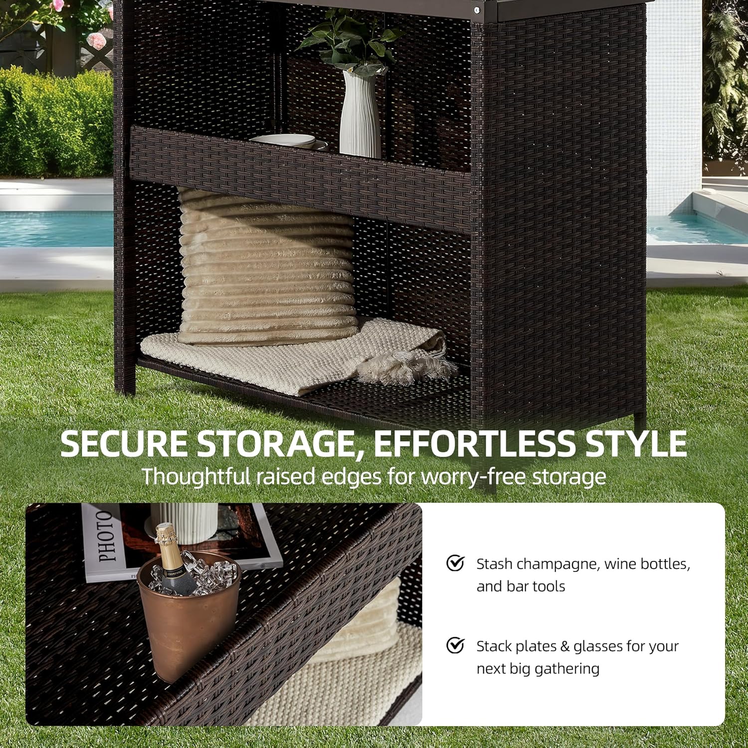 Outdoor Tiki Bar Set, 3 Pieces All-Weather Wicker Patio Bar Set with 2 Height Stools and Storage, Outdoor Bar Set for Outside Patio, Garden, Backyard, Brown