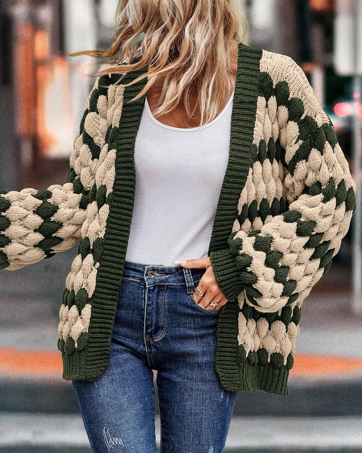 KIRUNDO Womens Cardigan Chunky Fall Fashion Lantern Sleeve Open Front Striped Color Block Cable Knit Winter Sweater Coats - Image 5