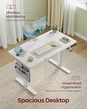 VASAGLE Electric Standing Desk, Height Adjustable Desk, 100 x 60 cm, Continuous Adjustment, Spliced Tabletop, 4 Memory Heights, Matte White LSD130WZ02