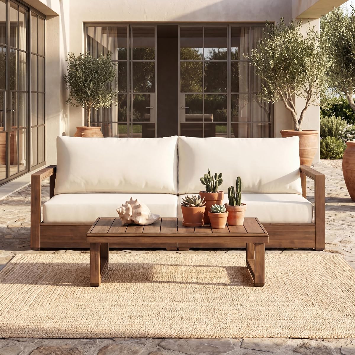 2-Piece Patio Furniture Set, 3-Seater Outdoor Sofa with Coffee Table, Acacia Wood Patio Couch Set with Cushions, Deep Seat Outdoor Patio Furniture for Porch Deck Garden, Brown