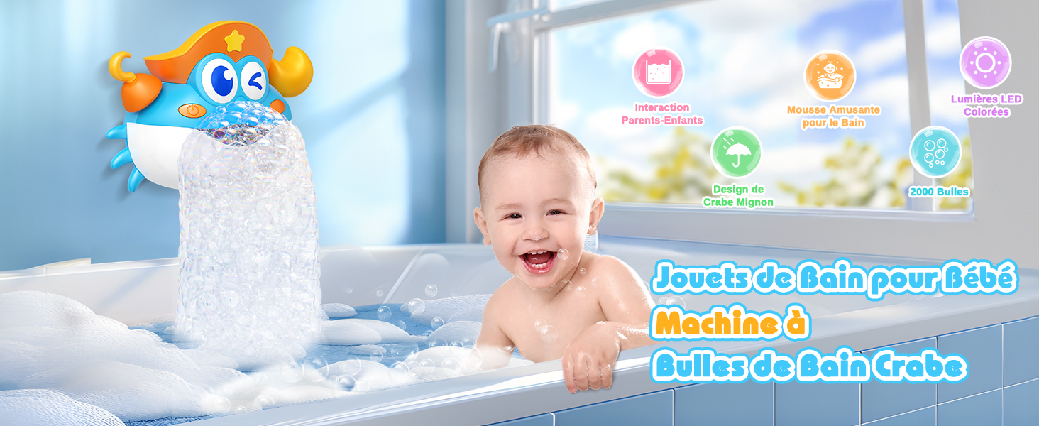 IKidiki Jouet Bain Bébé 1-6 Ans – Crabe Machine à Bulles Avec LED – Crochet Adhésif – Cadeau Anniversaire Enfant