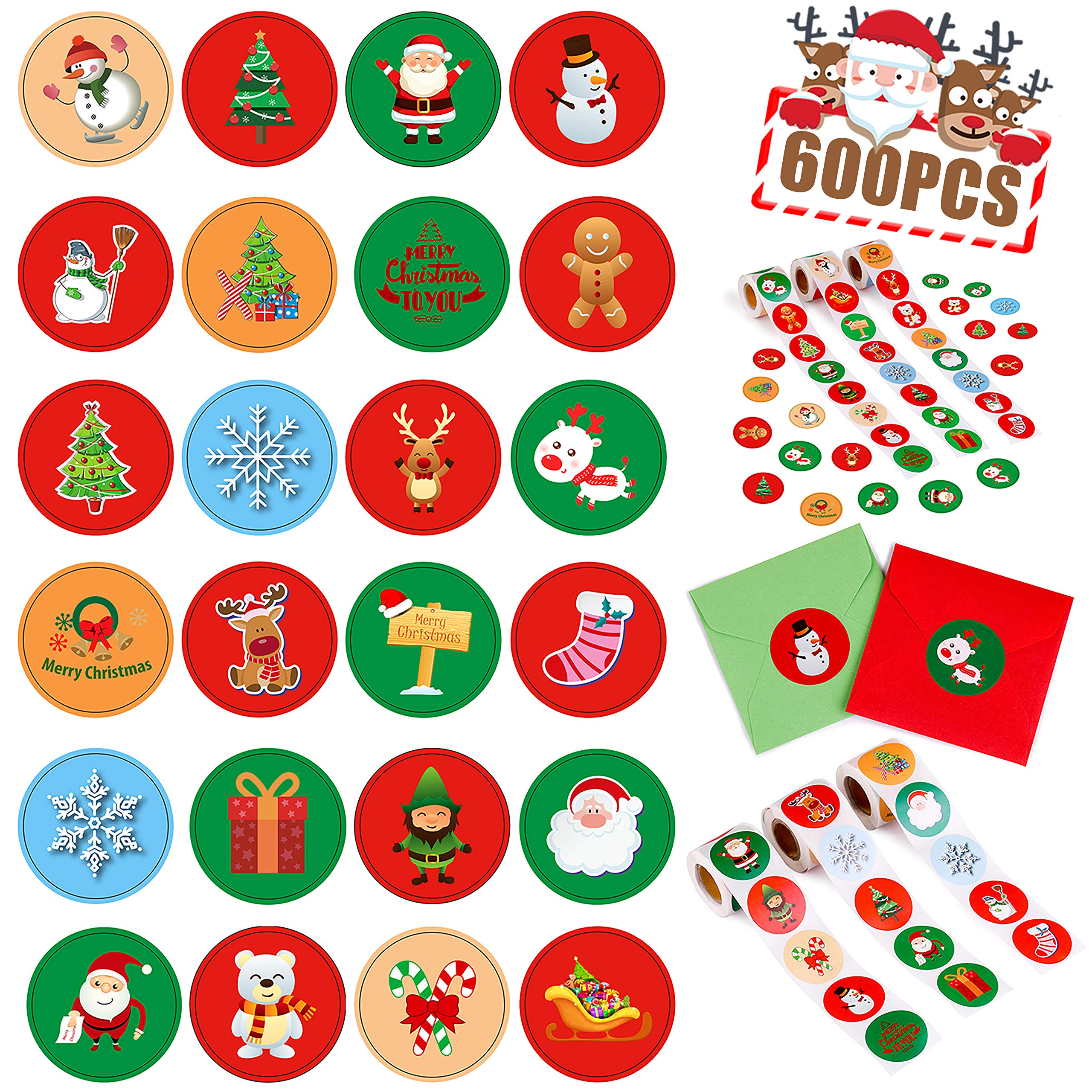 600 Pieces Christmas Holiday Stickers Roll - Card Envelopes Stocking Xmas Party Favors Supplies