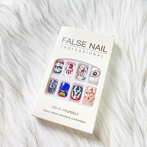 Miniatura 5 de Uñas postizas cortas a presión de Halloween, con cara aterradora, payaso ciclopia, diseños de palmeras terribles, uñas postizas cuadradas góticas