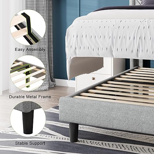 Miniatura 7 de Feonase Base de cama de tamaño individual con estación de carga, base de cama tapizada de lino con cabecera con respaldo de ala, soporte de listones