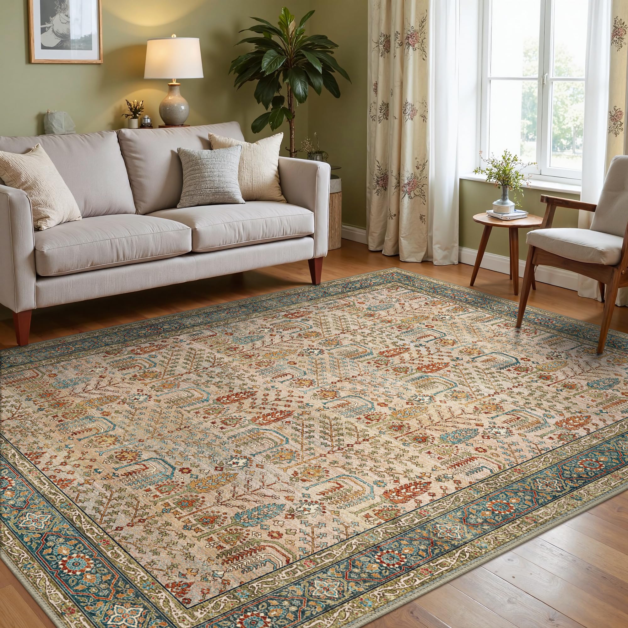 GENIMO Teppich Wohnzimmer Vintage Orientalischer rutschfest & Waschbare | Boho Vintage Orientalischer Teppiche, Kurzflor Wohnzimmerteppich, Rutschfest Carpet, für Schlafzimmer, Esszimmer, Büro
