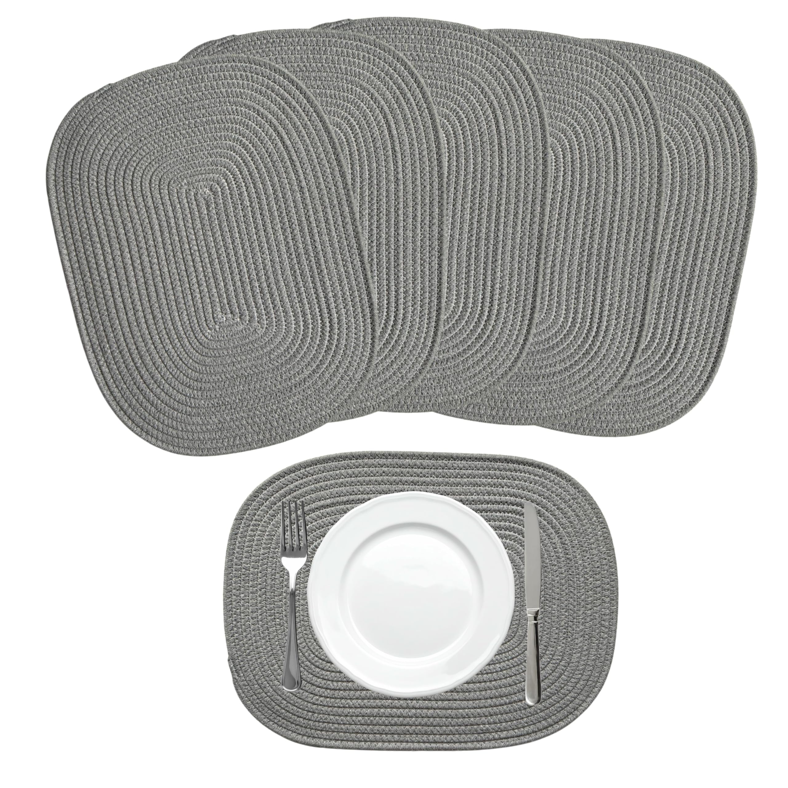 Rectangular Cotton Rope Placemats 43 x 33 cm – Woven Dining Table Mats – Neutral Kitchen Placemats Set – Modern Table Decor (6, Soft Grey)