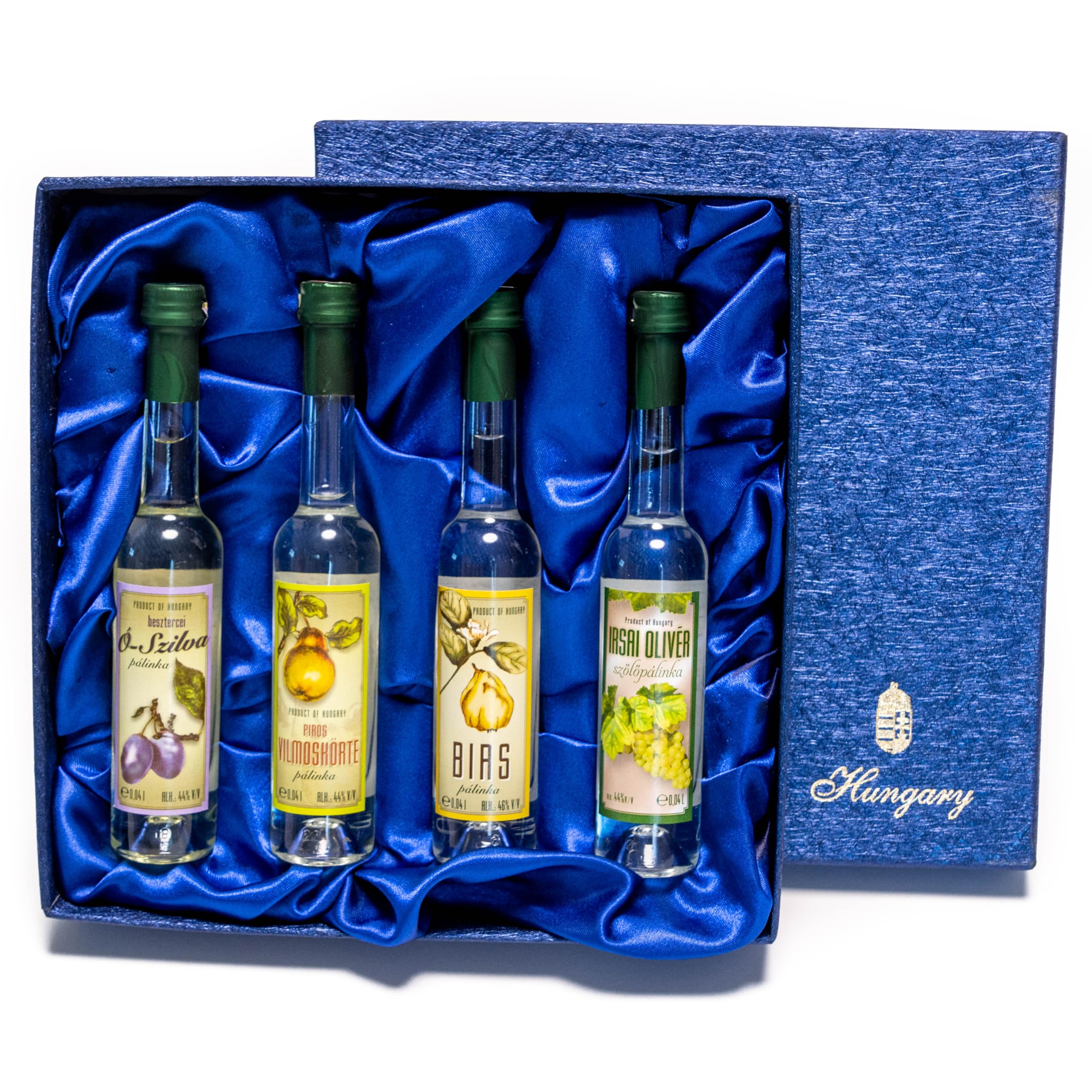 Szicsek Palinka | 4 Mini Palinka Selection | Handwerklich hergestellter Obstbrand in einer eleganten blauen Geschenkbox | 100% natürlich, aus handgepflückten Früchten | 4 x 40 ml