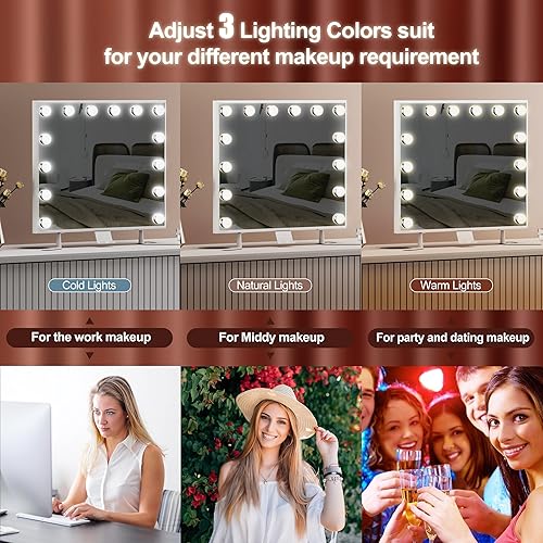 Miniatura 3 de Anbuy Espejo de tocador Hollywood con luces, espejo grande iluminado con 14 bombillas LED, espejo Hollywood con control de inducción inteligente y 3