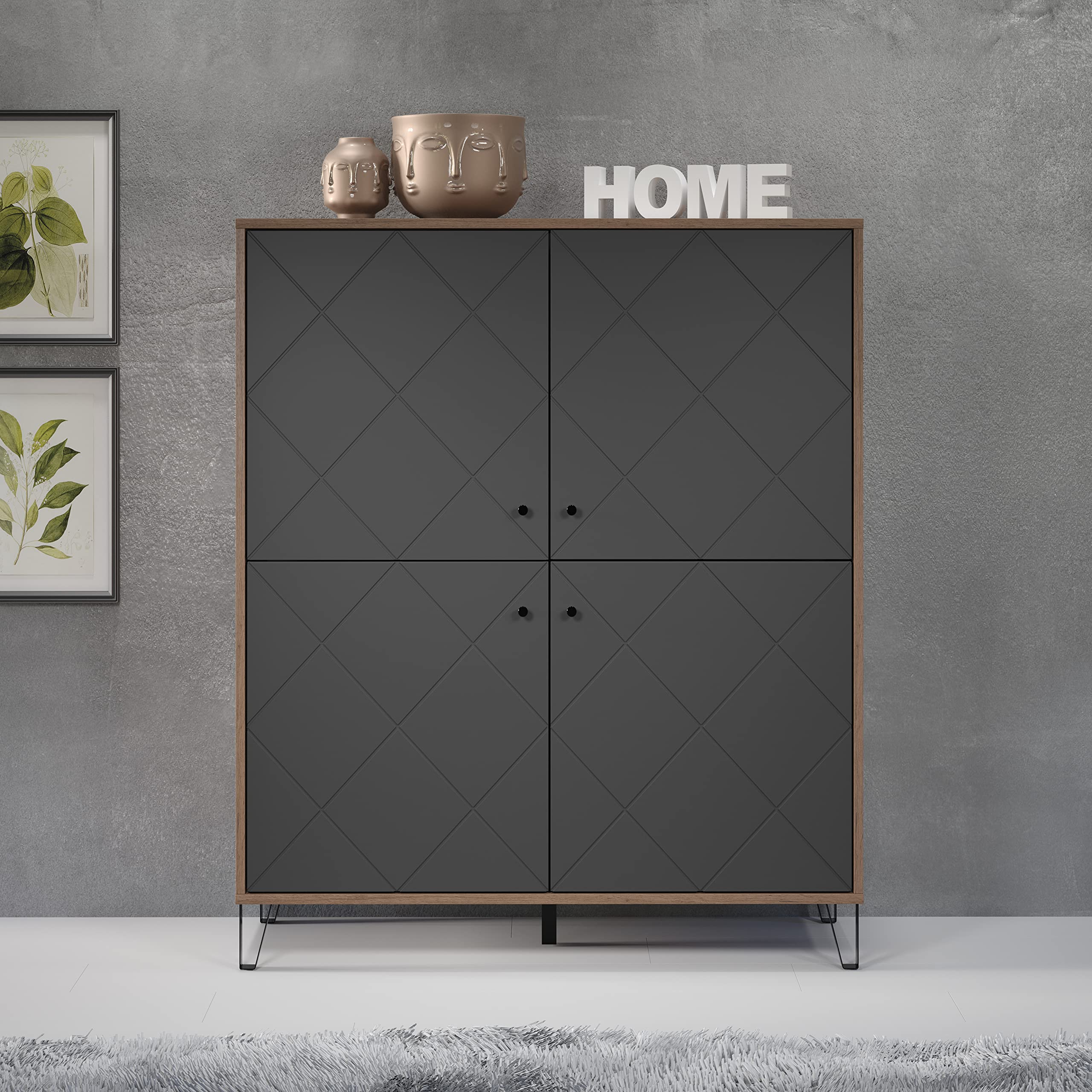 trendteam smart living - Montez - Sideboard - Grau/Eiche - Highboard mit 4 Türen und 4 Einlegeböden - (BxHxT) 123 x 136 x 40 cm - Front mit Rautenoptik, Soft-Close