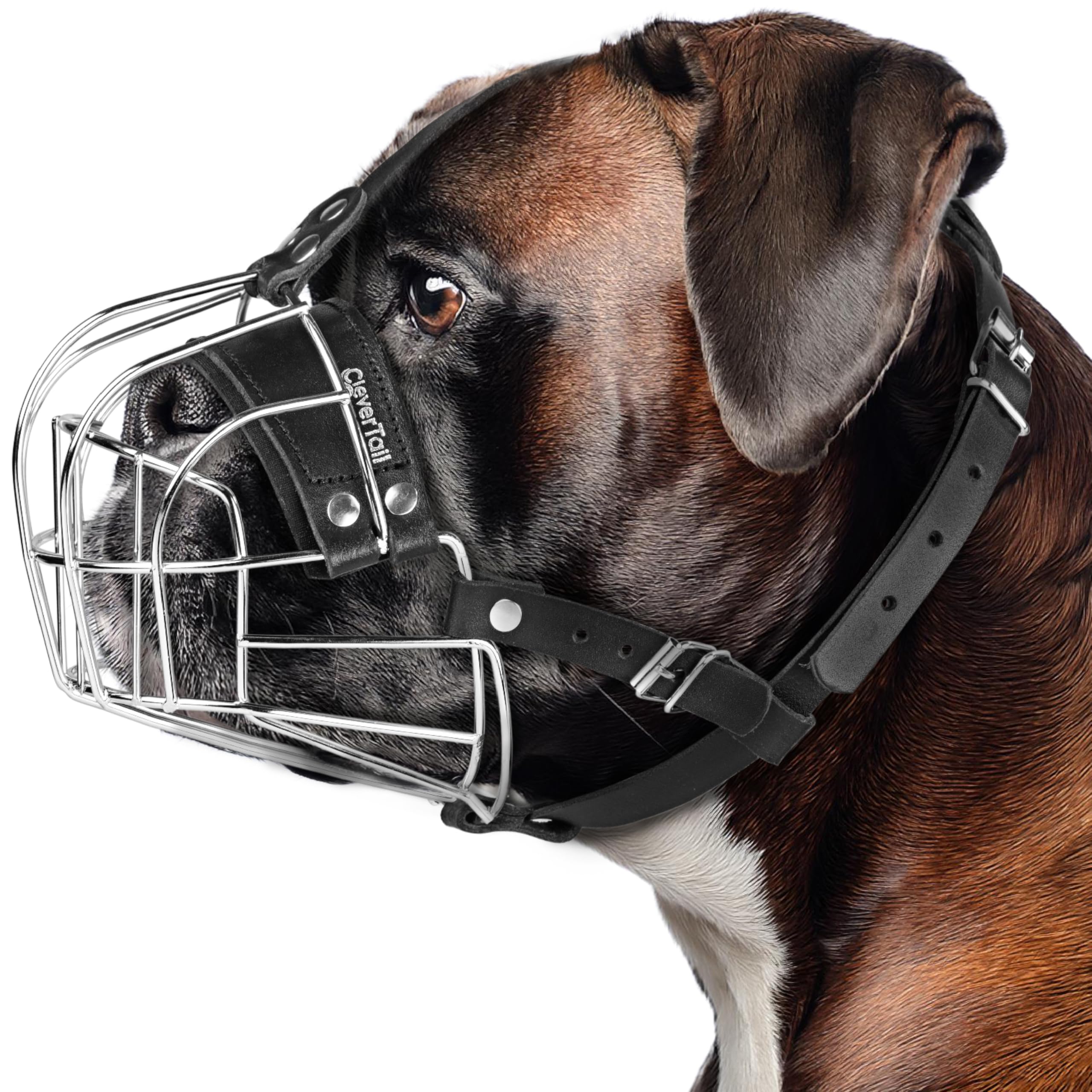 Metall-Maulkorb für große Hunde – Körbchen-Maulkorb mit verstellbaren Lederriemen – Käfig-Maulkorb zum Verhindern von Beißen für Hunde mit kurzer Schnauze, Boxer, Bulldogge