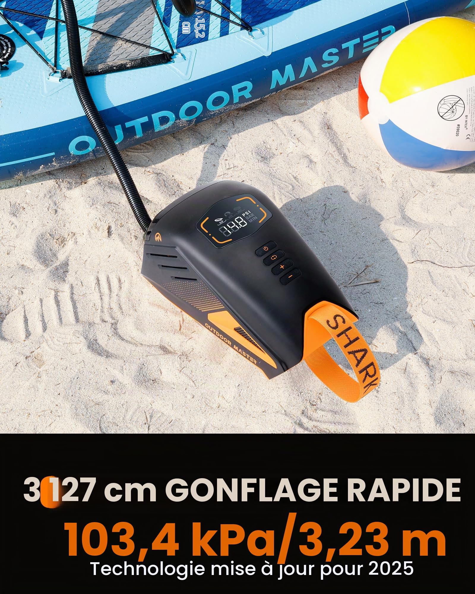 OutdoorMaster Shark 3 Pompe à Air Électrique, 3'50" Inflation Rapide, 20 PSI Pompe Sup Rechargeable 74 Wh, Arrêt Automatique et Déflation, Entrée 12V/15,8V DC et Type-C, 8 Embouts pour Gonflables