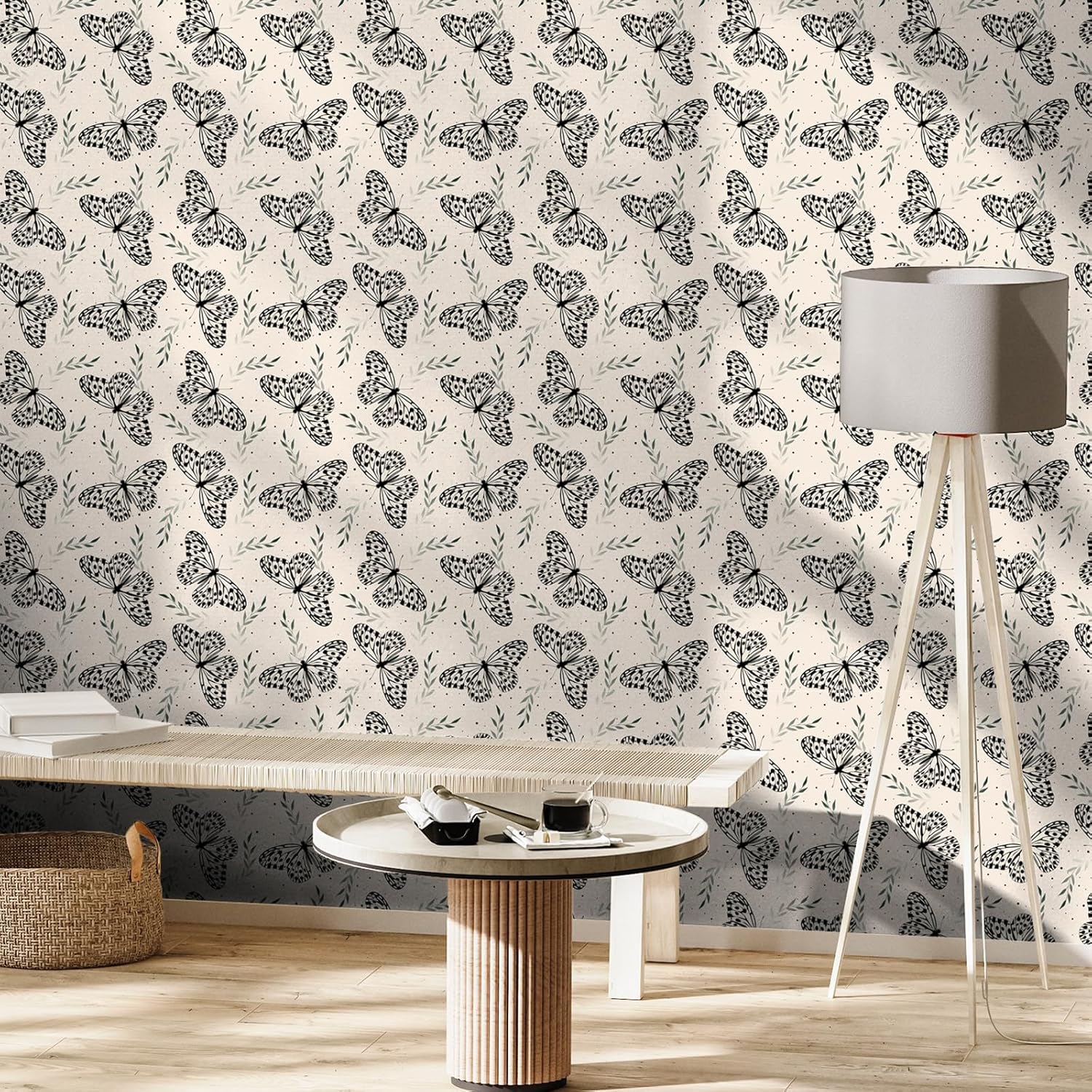 Butterfly Wallpaper Peel and Stick Beige Black Insect Leaf Wallpaper for Bedroom Cabinet Butterfly Floral Decorative Contact Paper 12"x118" Removable Self Adhesive Neutral Walls Covering