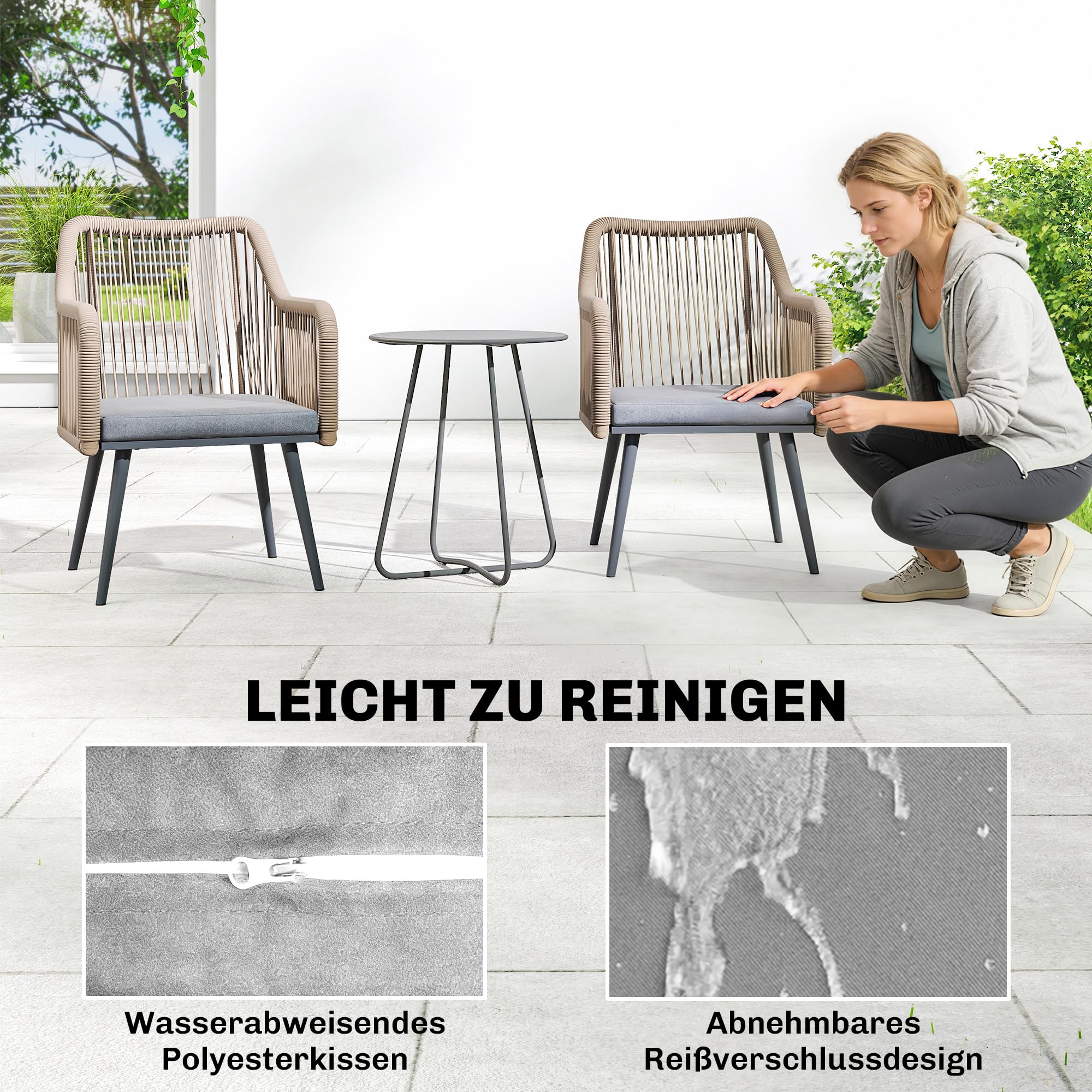 Outsunny Gartenstuhl 2er Set wetterfest Gartenstühle mit Armlehne Sitzkissen Metallrahmen Terrassenstuhl bis 120 kg belastbar Gartenmöbel für Hinterhof Garten Balkon Hellgrau