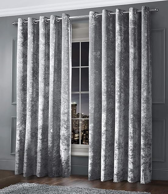 Intimates Luxury Thermal Crushed Velvet Silver Grey Ringtop Pair of Curtains (66" Wide x 90" Drop)