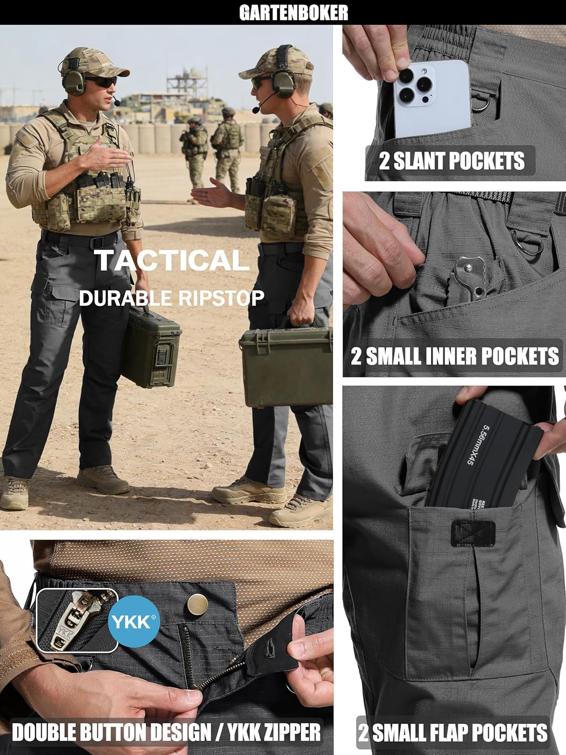 GARTENBOKER Men's Ripstop Tactical Pants Water Resistant Cargo Pants Outdoor Lightweight EDC Hiking Work Construction Pants