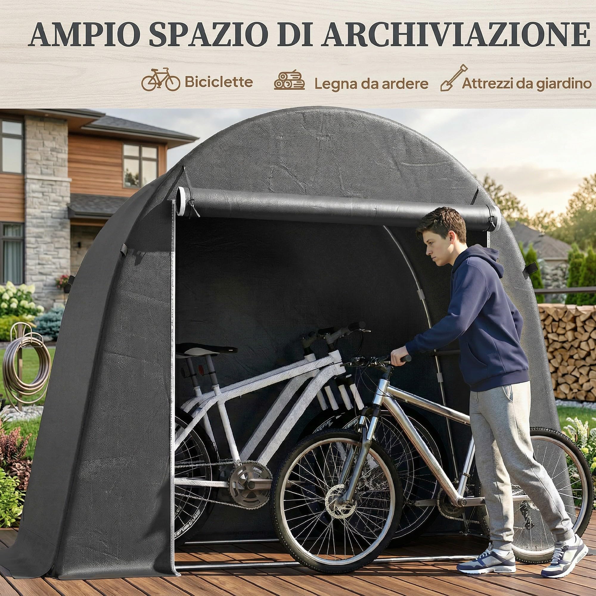Outsunny Tenda Garage per Biciclette da Esterno Impermeabile 245x120x200 cm Capanno da Giardino con Ingresso con Zip per Attrezzi in Metallo Zincato e Tessuto PE Grigio Scuro