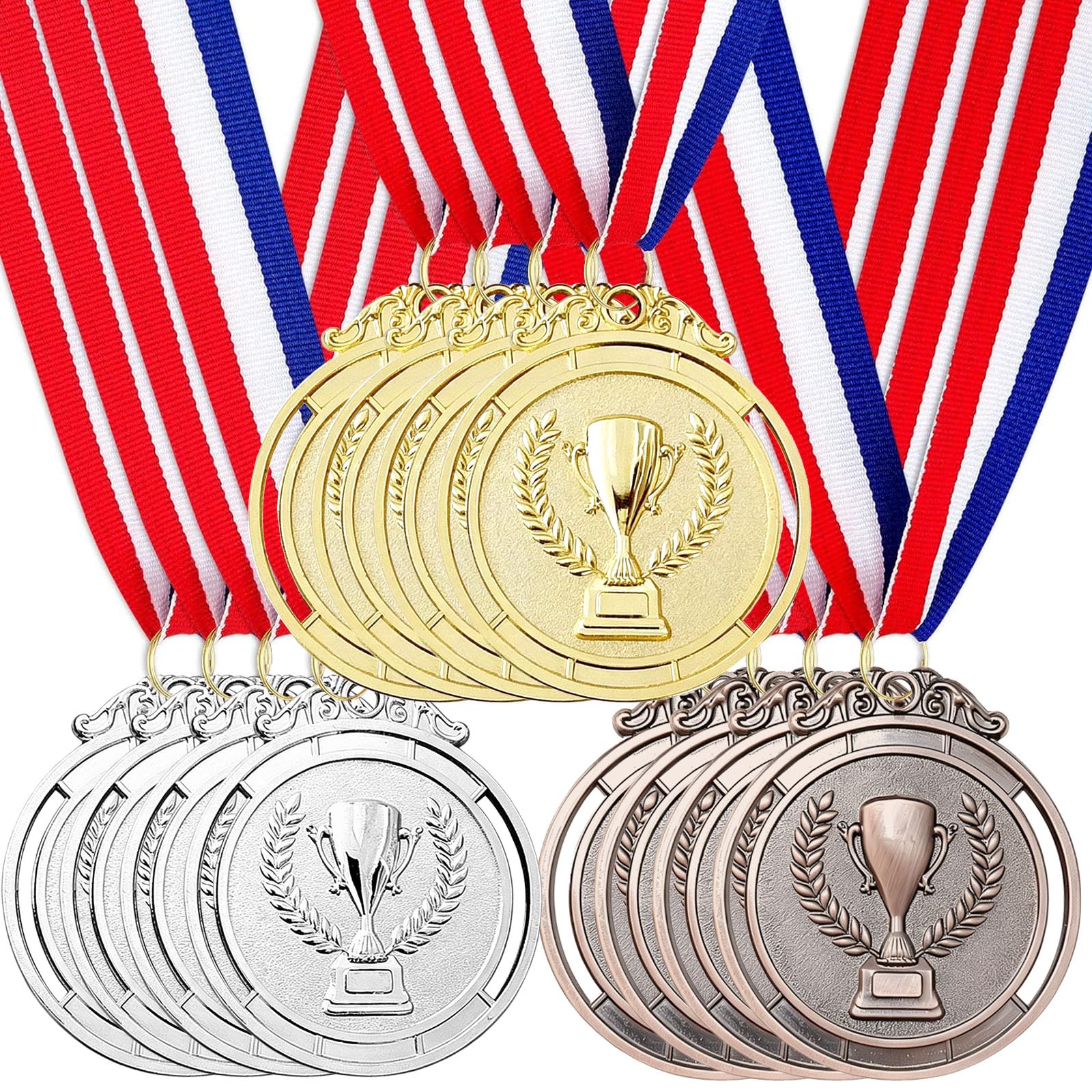 12 sztuk medali nagród, złote srebrne brązowe medale ze wstążkami na szyję, medale nagrody dla dzieci, na zawody, imprezy, sport, styl olimpijski