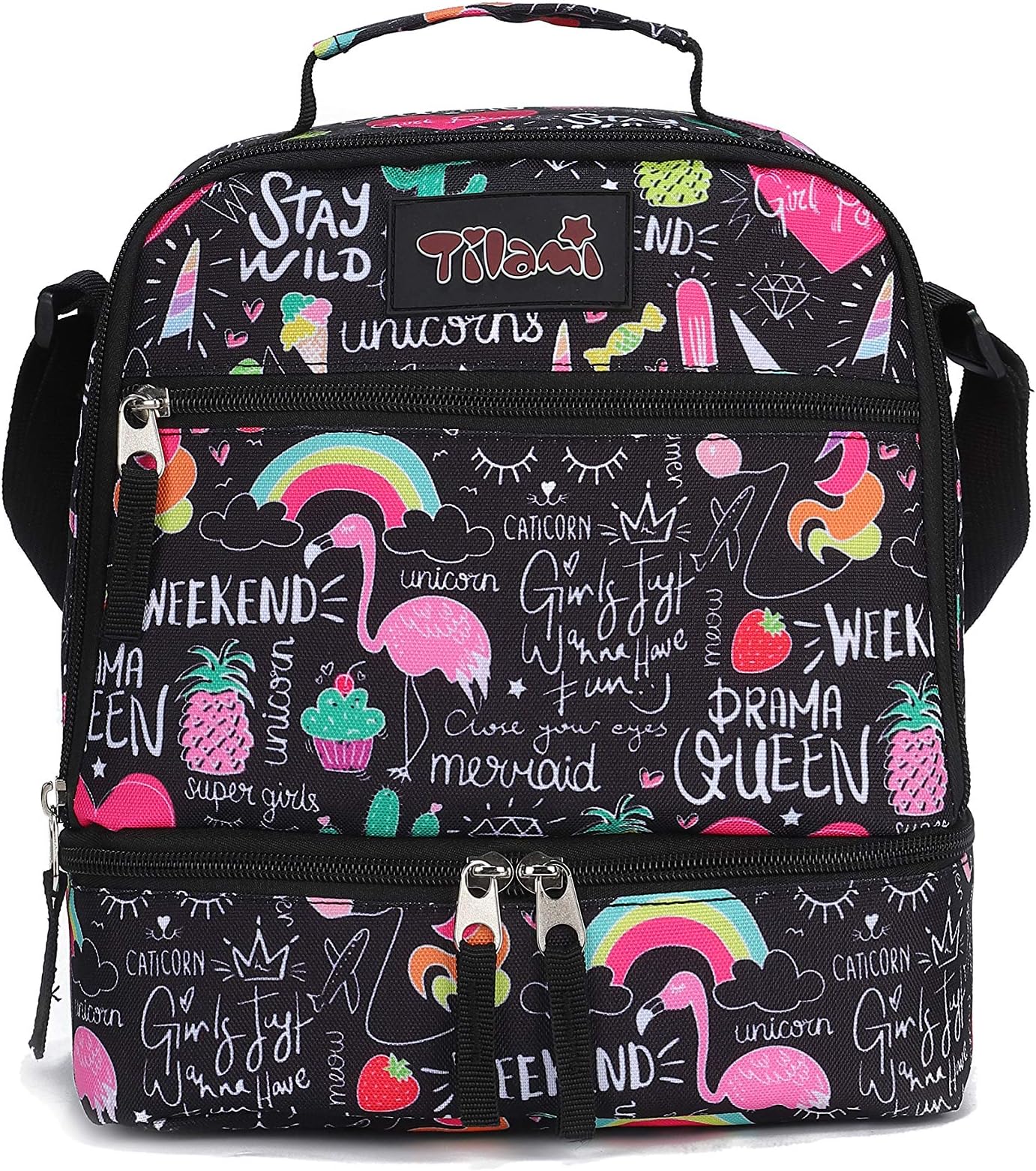 TilamiLunch Bags Insulated Adjustable Strap Zipper, Two Compartments Cooler Bags, Bento Bags for Kids Toddlers (ins)