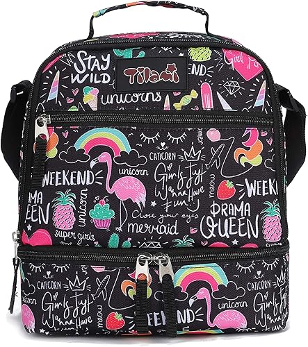 Miniatura 16 de Tilami - Bolsas de almuerzo con correa ajustable y cremallera aisladas, bolsas refrigerantes resistentes al agua, bolsas bento para niños y niñas