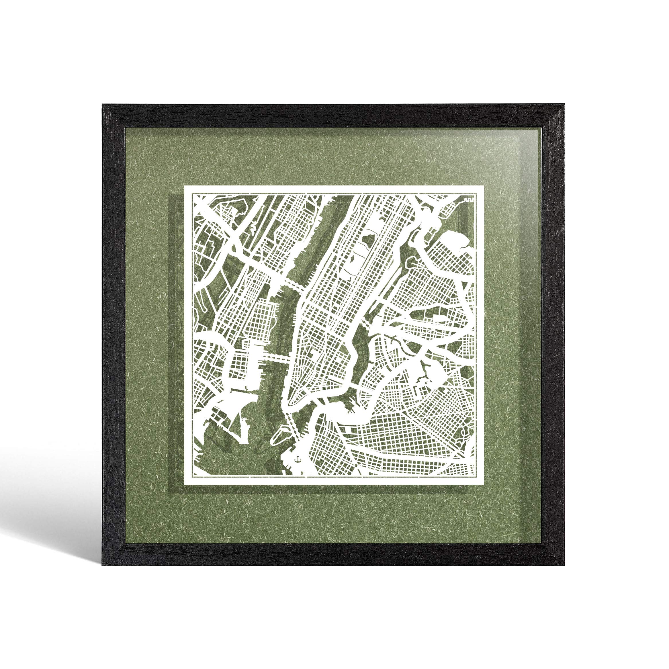 O3 DESIGN STUDIO New York Paper Cut Map framed, White map, Black frame, 9x9 inches, Gift Boxed, 4 background color, self-changing, Paper Art