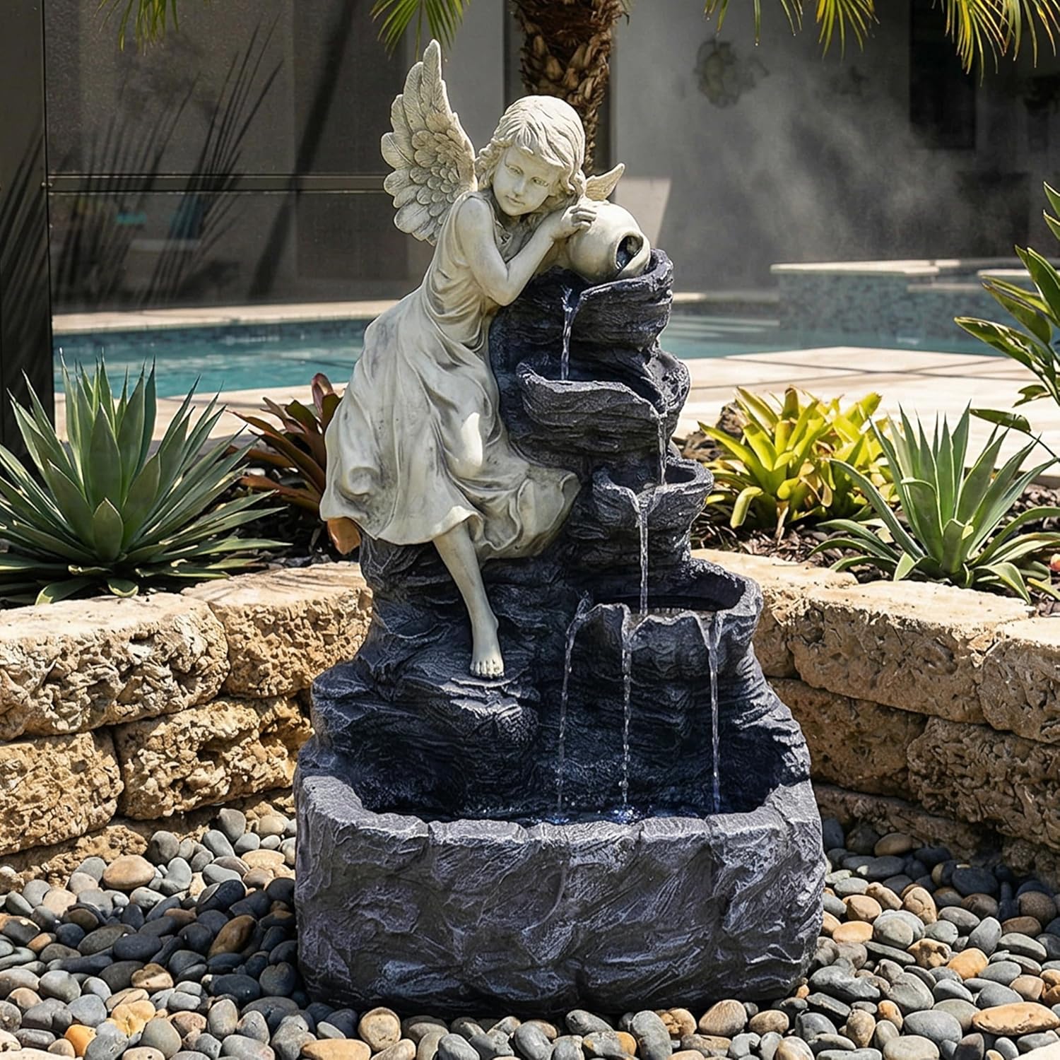 Sunnydaze Angel Falls 29-Inch Outdoor Solar Water Fountain - Outdoor Water Feature with LED Light for Garden, Patio, Yard or Balcony