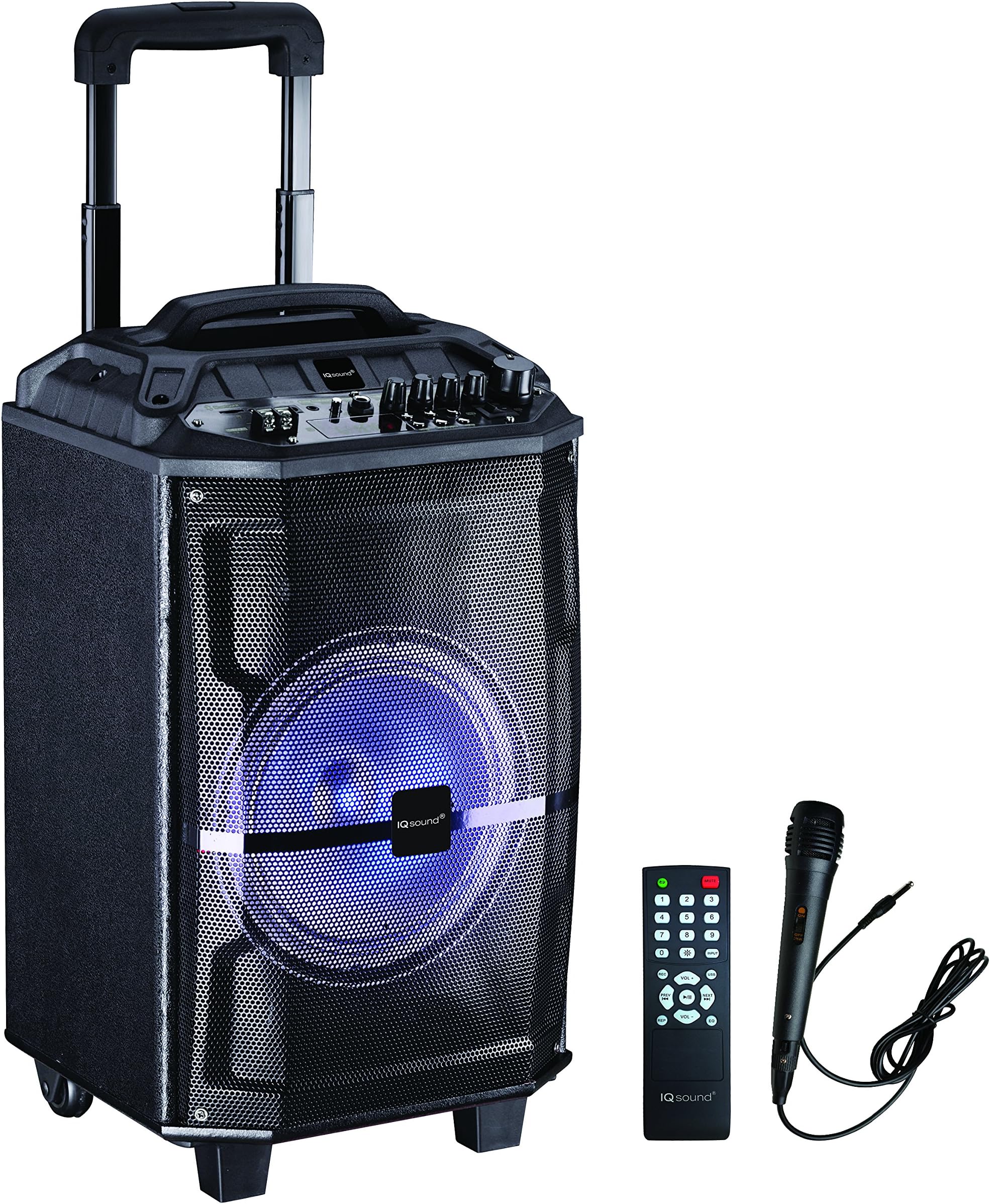 IQ Sound Audio DJ Party Lights Loud Speakers Bluetooth Wireless Tailgate Speaker (80 Watts) Built-in Rechargeable Battery, Radio/USB/SD/Karaoke Transport Wheels & Singing Microphone & Remote Included